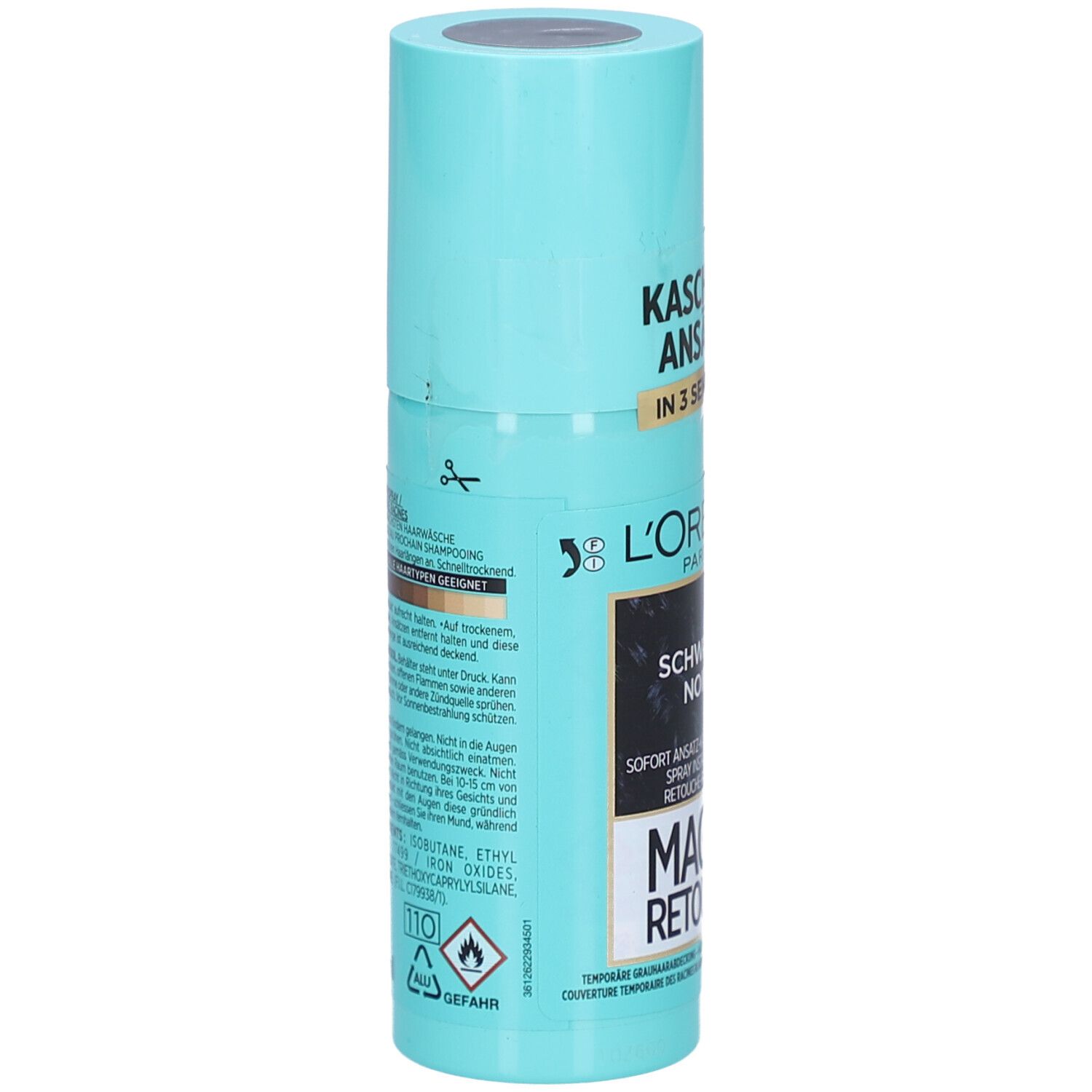 Türkis-farbene Sprühflasche. Aufschrift: Kaschiert Ansätze in 3 Sekunden. L'Oréal Paris, Schwarz Noir, Magic Retouch.