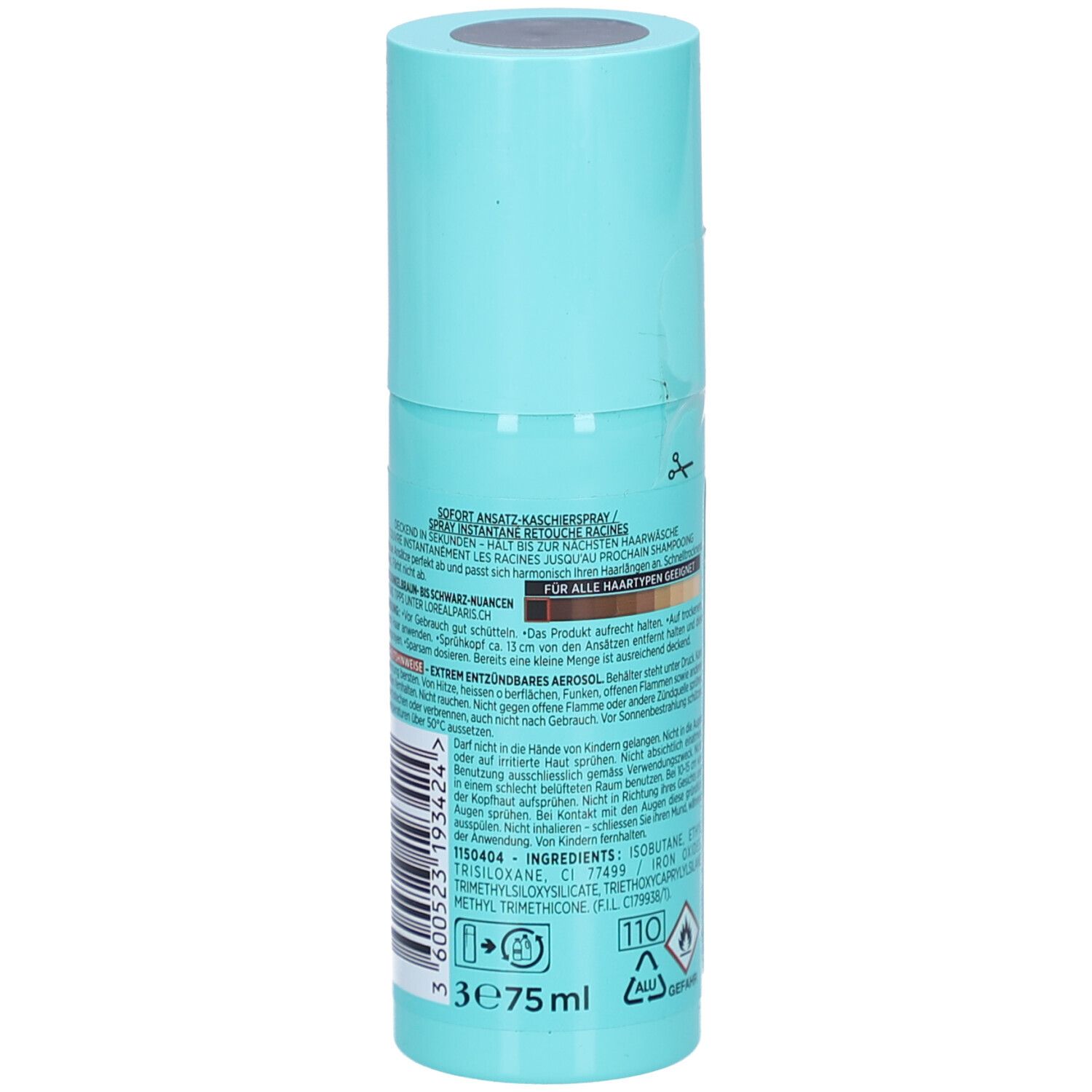 Türkis-farbene Sprühflasche. Aufschrift: Kaschiert Ansätze in 3 Sekunden. L'Oréal Paris, Schwarz Noir, Magic Retouch.