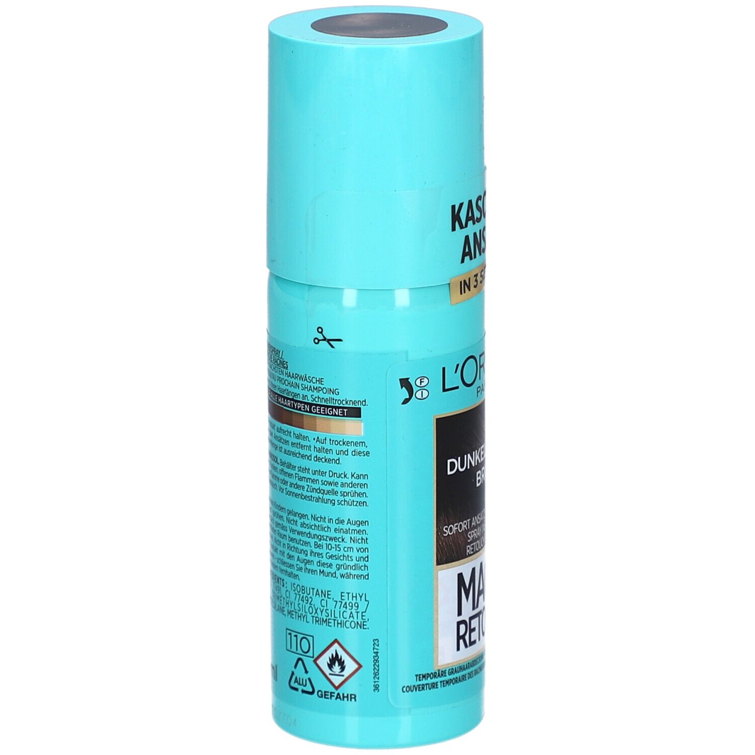 Flacon spray turquoise, dos avec texte. Texte: Kaschiert Ansätze, L'Oréal Paris, Brun foncé, Ingrédients, 75 ml.