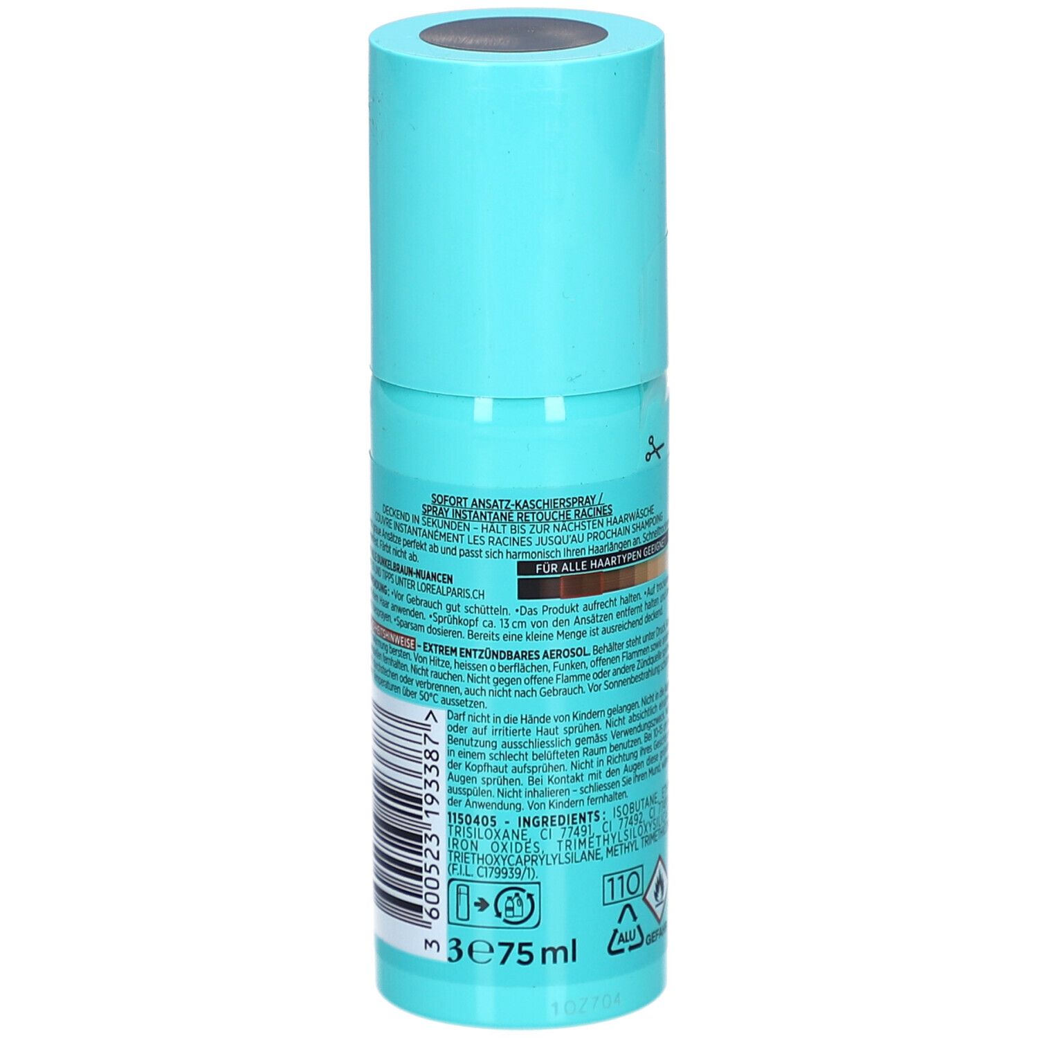 Flacon spray turquoise, dos avec texte. Texte: L'Oréal Paris, 75 ml, Ingrédients, pour tous types de cheveux.