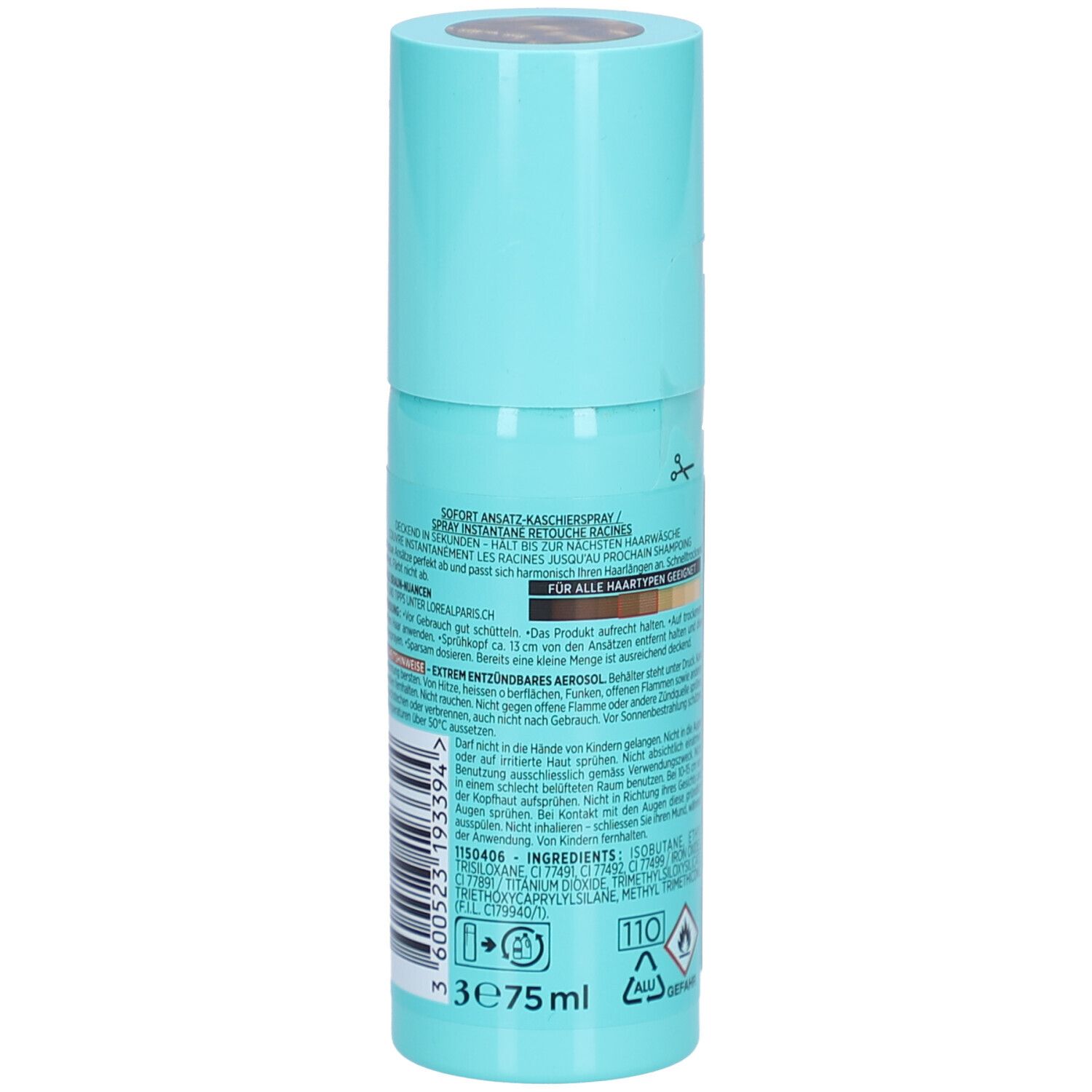 L'Oréal Paris Magic Retouch Spray. Türkis-farbene Sprühflasche. Aufschrift: 3e 75ml. Inhaltsstoffe. Farbe: Braun Châtain.