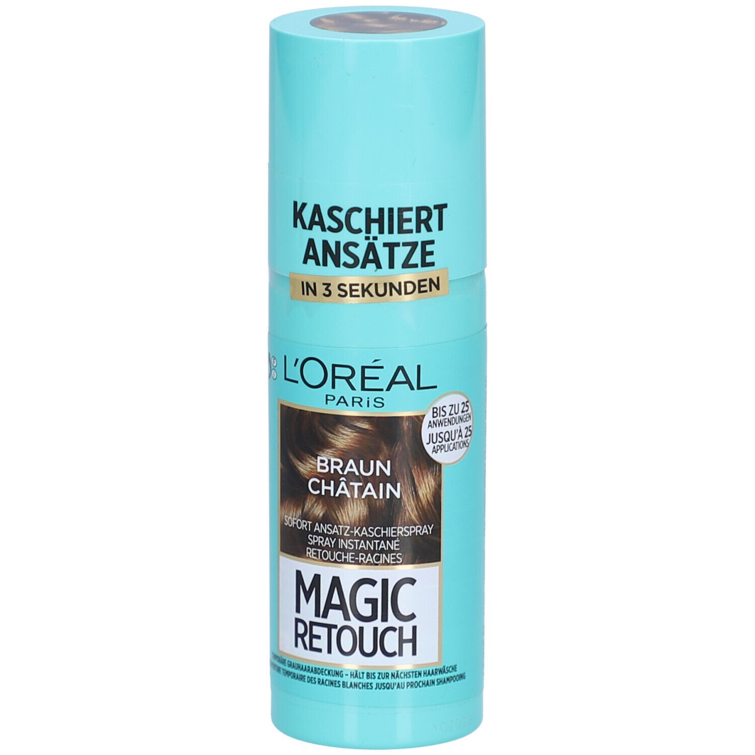 L'Oréal Paris Magic Retouch Spray. Türkis-farbene Sprühflasche. Aufschrift: Kaschiert Ansätze in 3 Sekunden. Farbe: Braun Châtain.