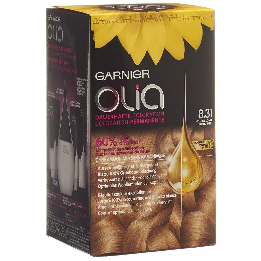 Karton von Garnier Olia Haarfarbe. Aufschrift: 8.31 Aschgoldblond. Enthält 60% Öle. Ohne Ammoniak. Abdeckung bis zu 100% Grauhaarabdeckung.