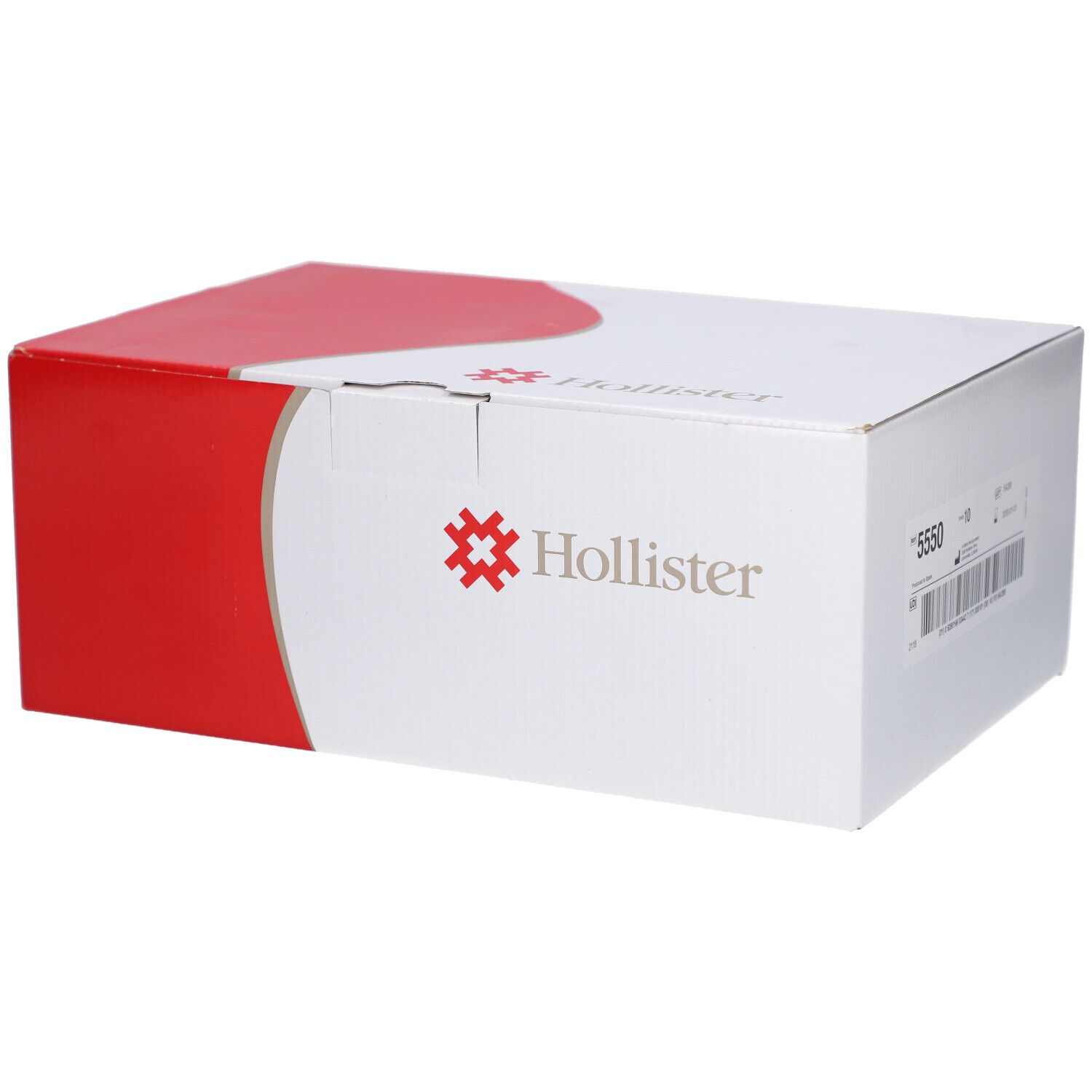 Boîte blanche et rouge. Logo et texte Hollister. Étiquette avec informations produit.