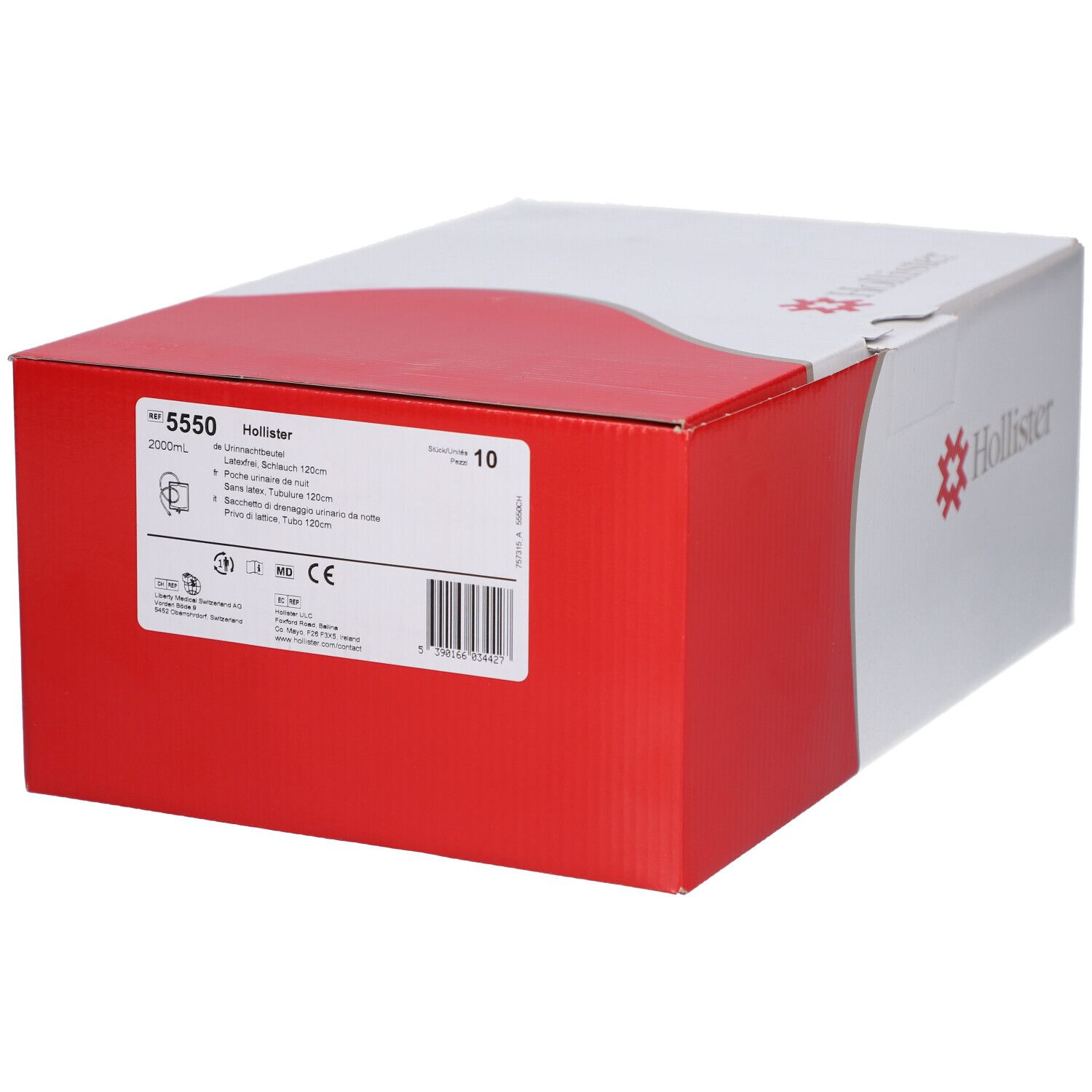 Boîte blanche et rouge. Logo et texte Hollister. Informations produit sur le côté.