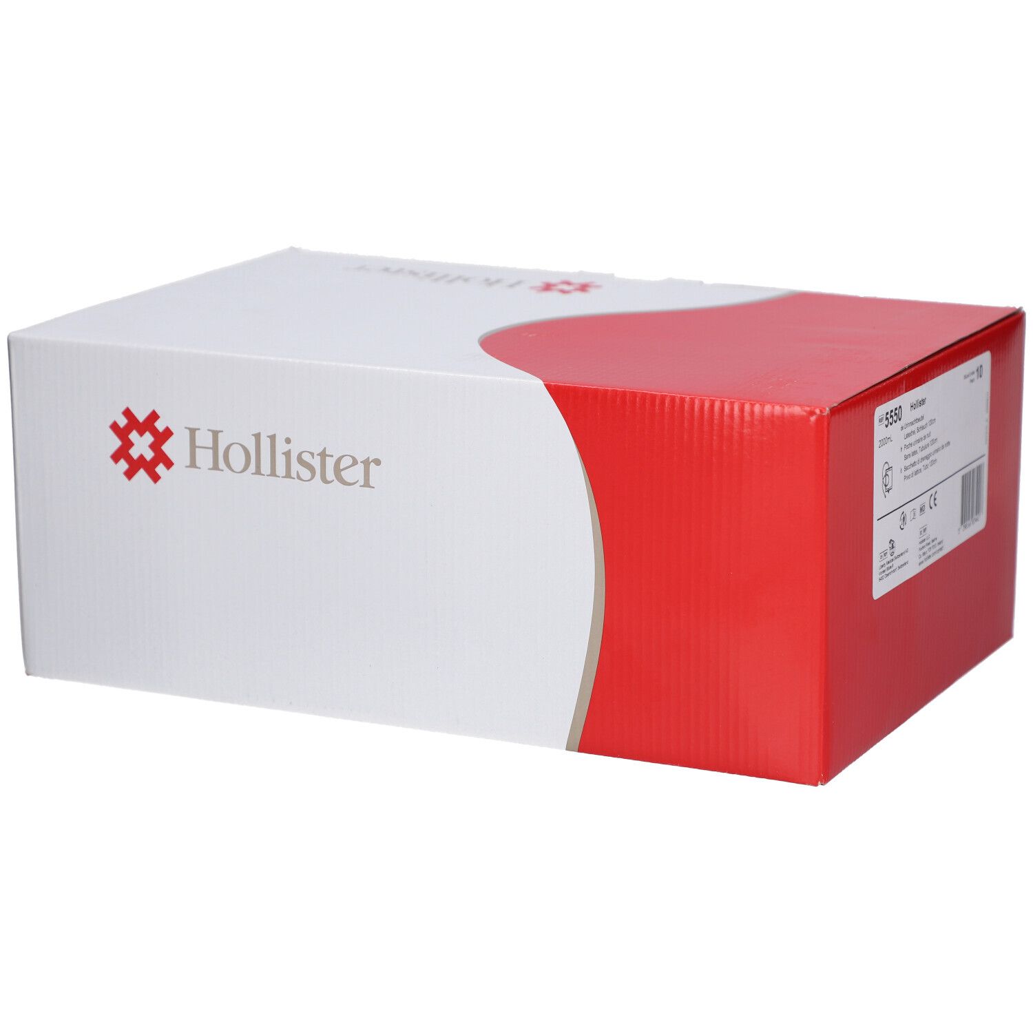 Boîte blanche et rouge. Logo et texte Hollister. Étiquette avec informations produit.