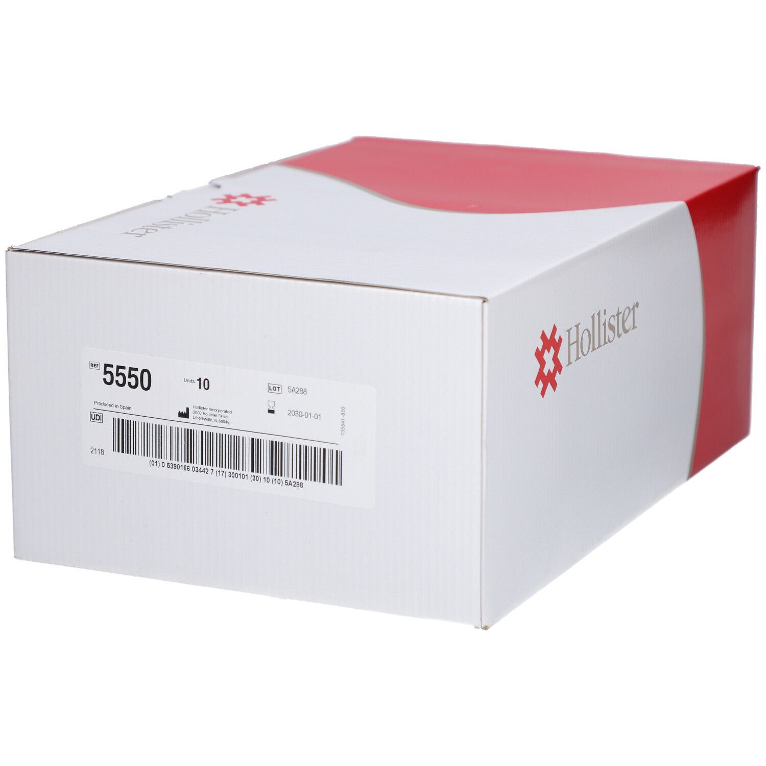 Boîte blanche et rouge. Logo et texte Hollister. Étiquette avec informations produit.