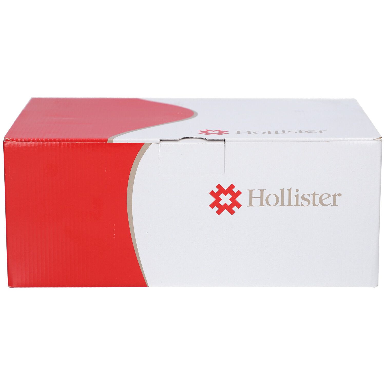 Boîte blanche et rouge. Logo et texte Hollister. Étiquette avec informations produit.