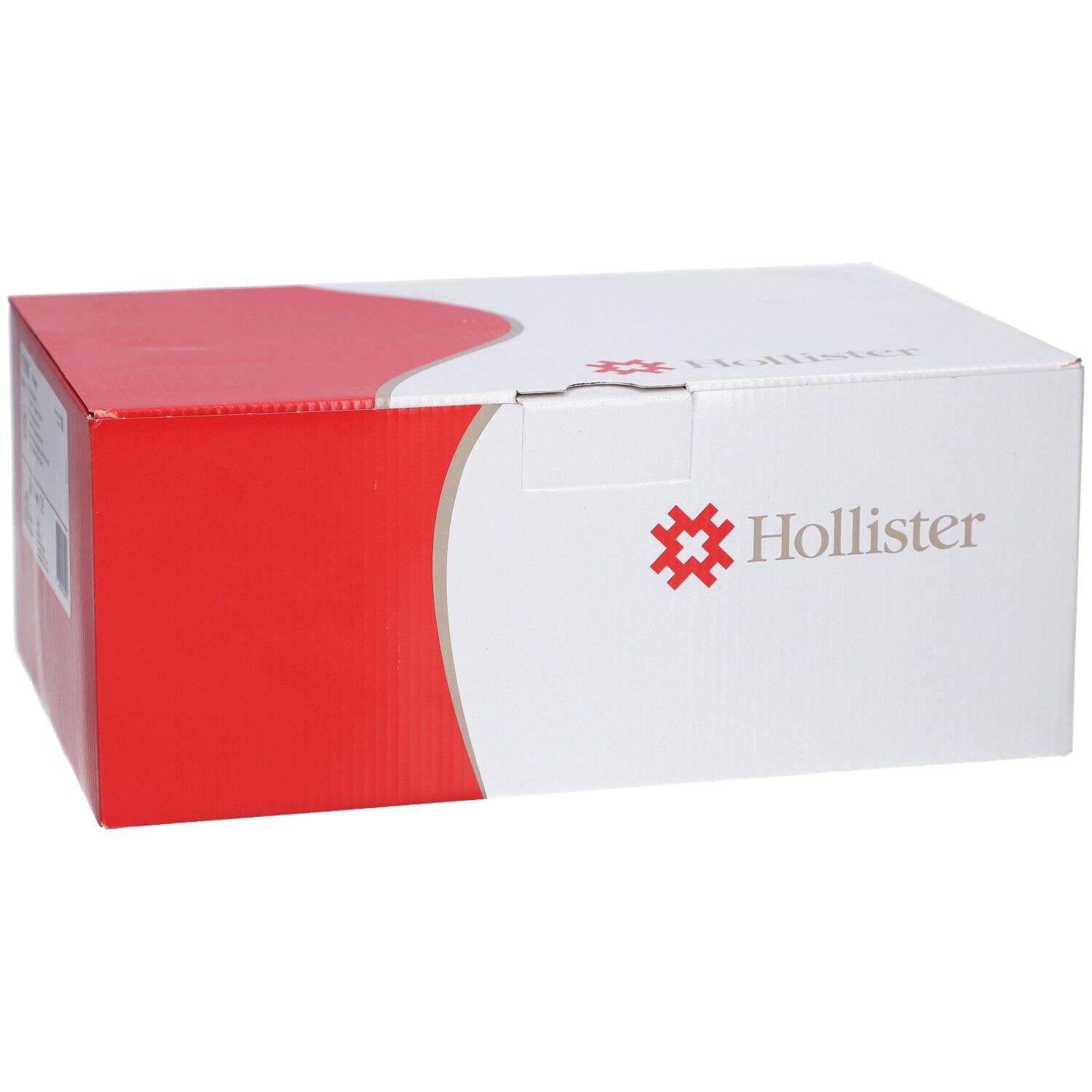 Boîte blanche et rouge. Logo et texte Hollister. Étiquette avec informations produit.