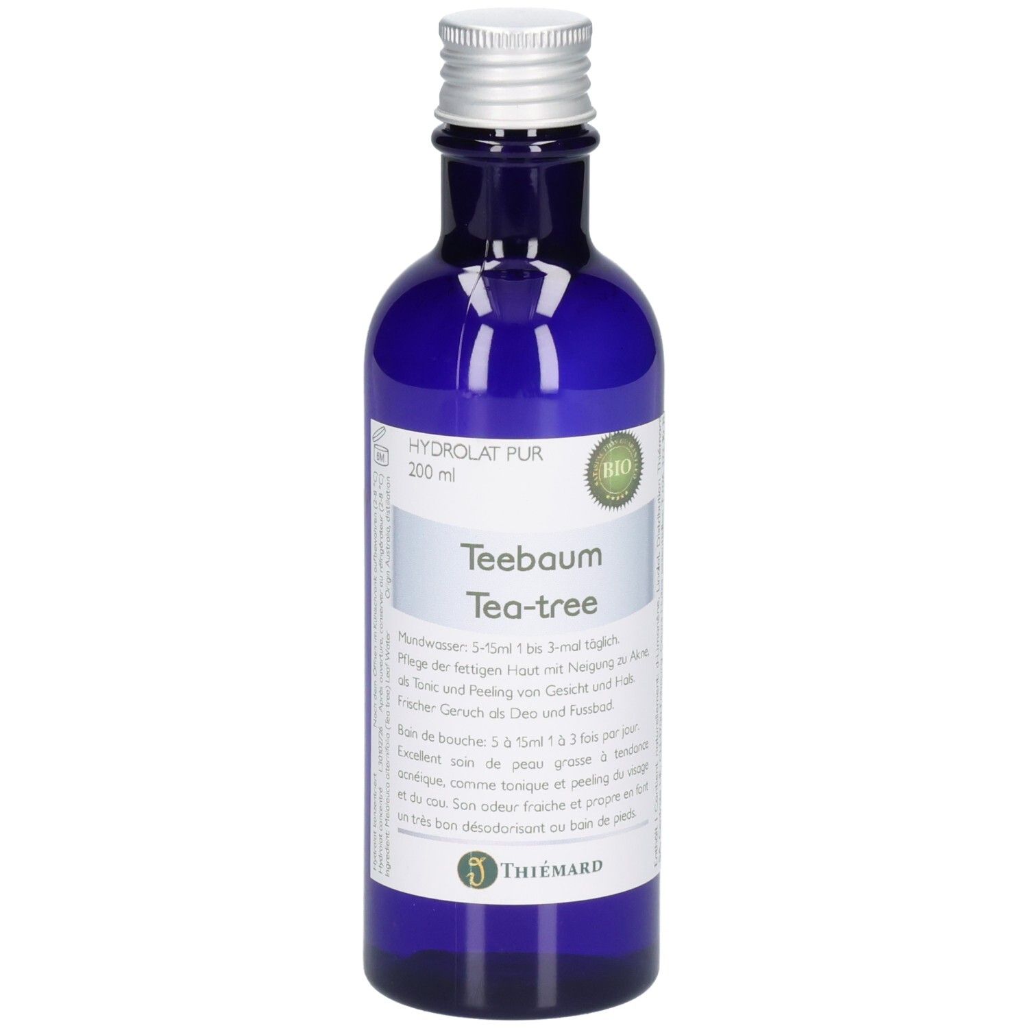 Blaue Glasflasche mit silbernem Verschluss, 200 ml Teebaum Hydrolat PUR.