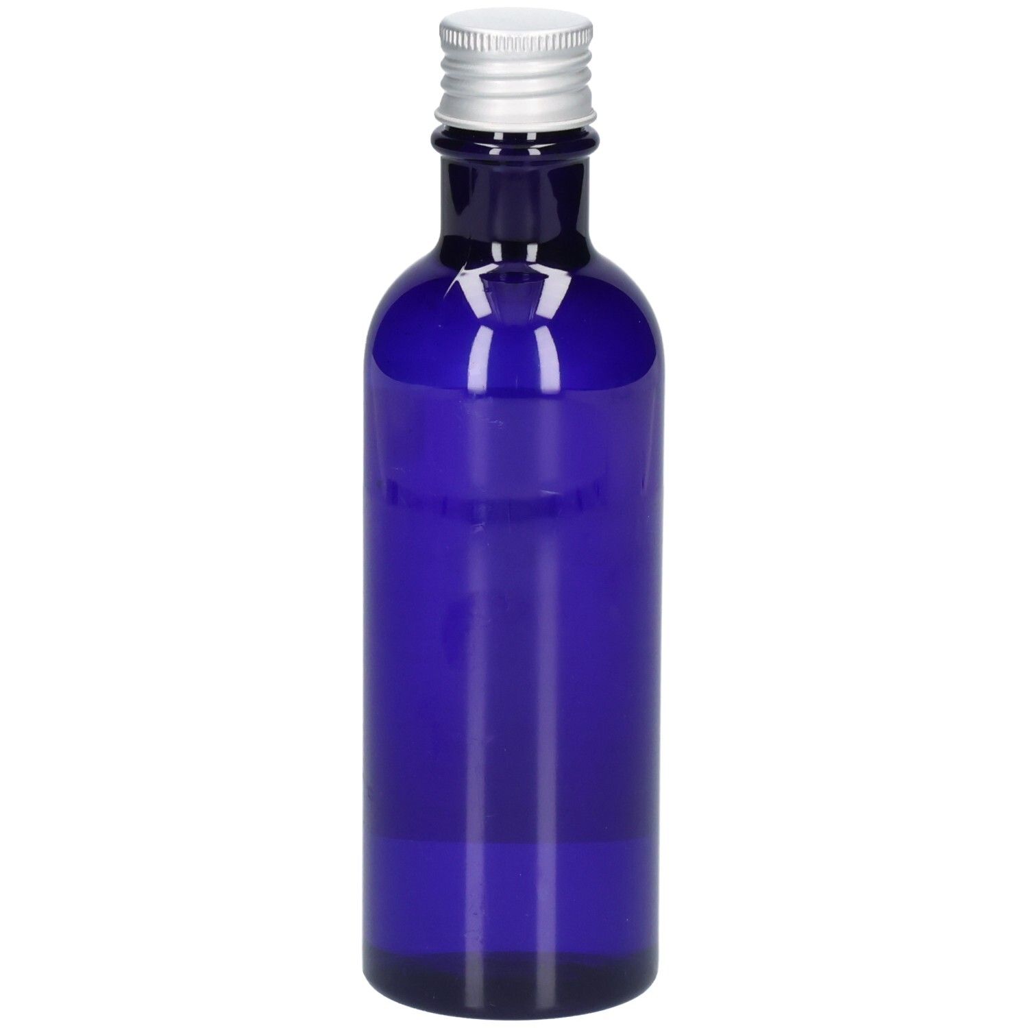 Dunkelblaue Glasflasche mit silbernem Schraubverschluss, gefüllt mit klarer Flüssigkeit.