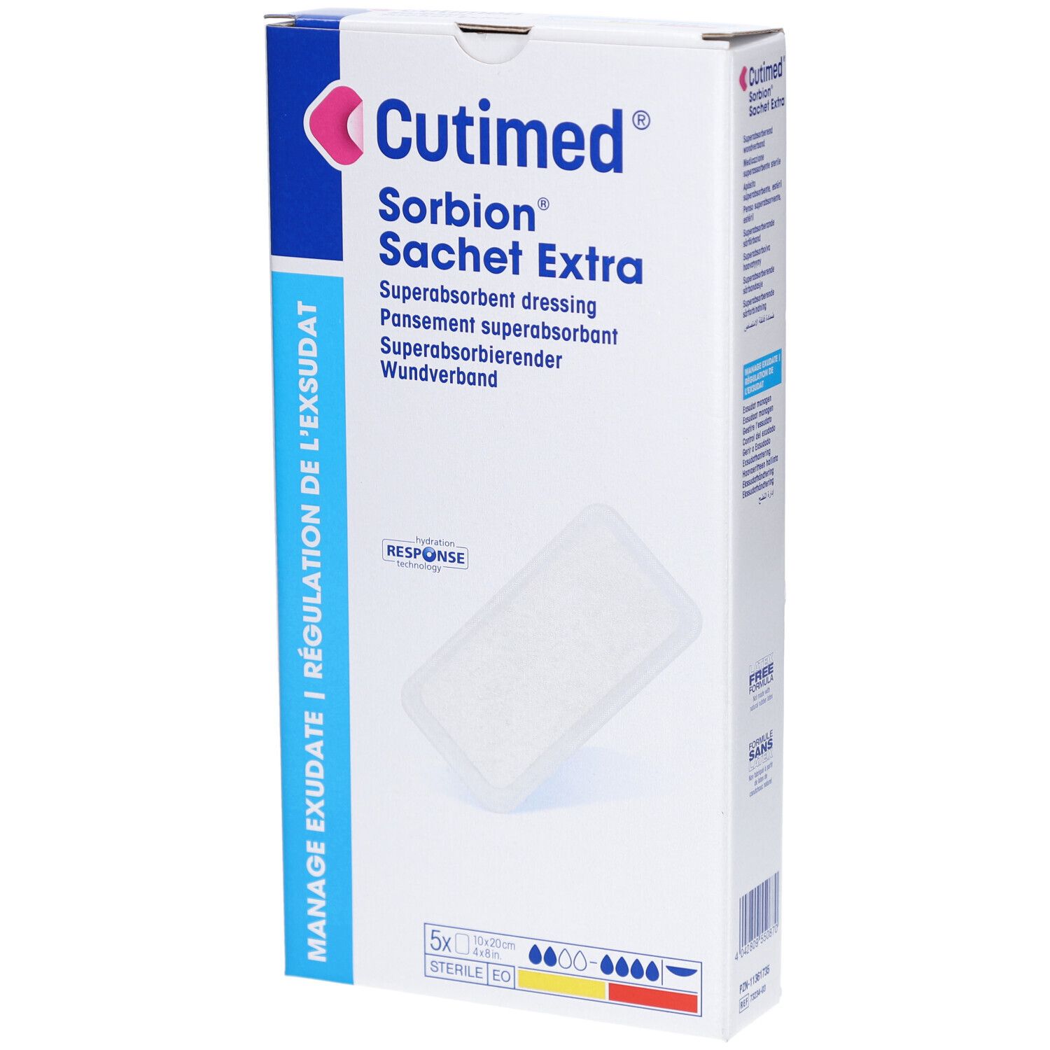 Verpackung von Cutimed Sorbion Sachet Extra. Enthält 5 sterile Wundverbände. Aufdruck: Manage Exsudate, 10x20cm.