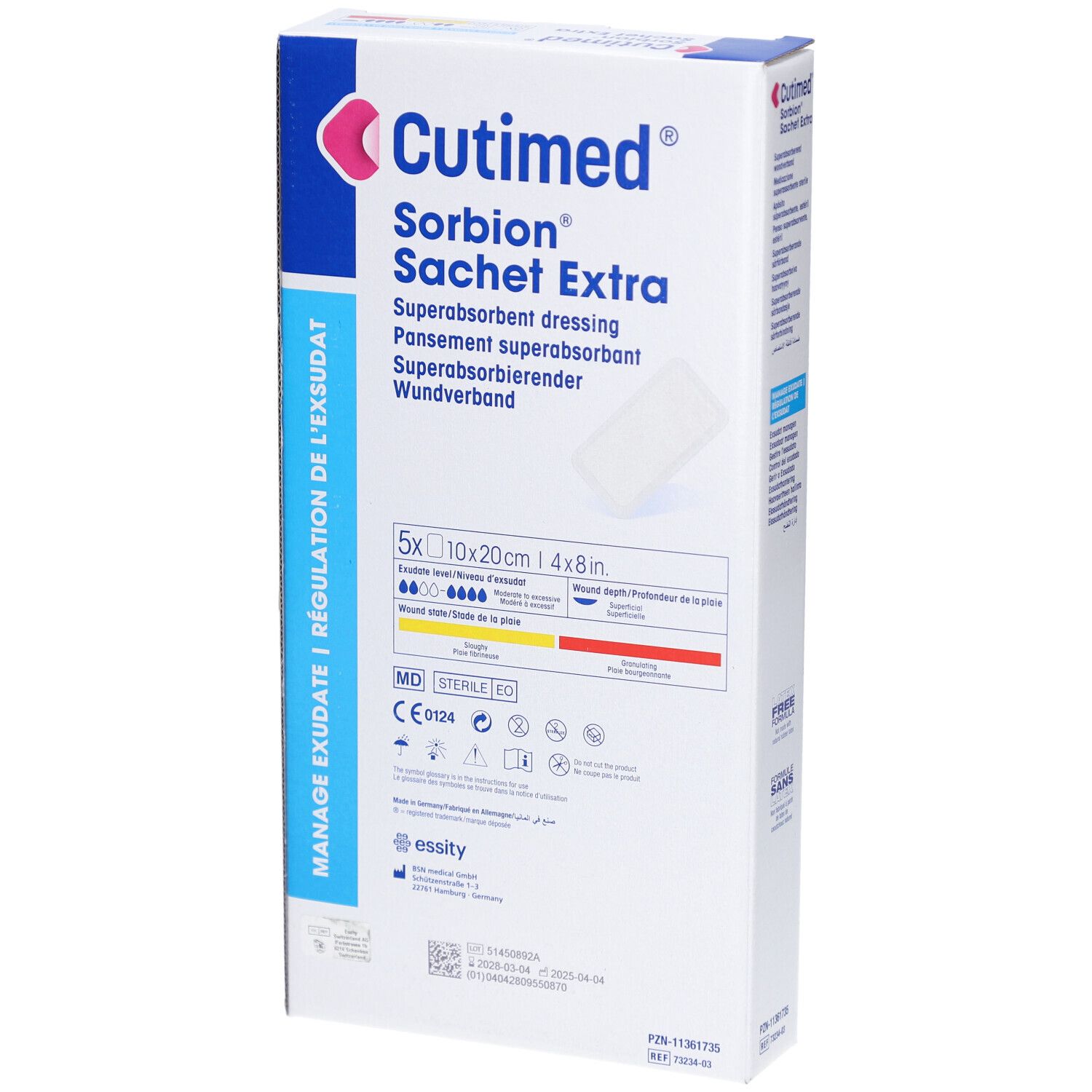 Cutimed Sorbion Sachet Extra Verpackung. Enthält 5 sterile Wundverbände. Größe: 10x20cm. Aufdruck: Manage Exsudate, CE 0124.