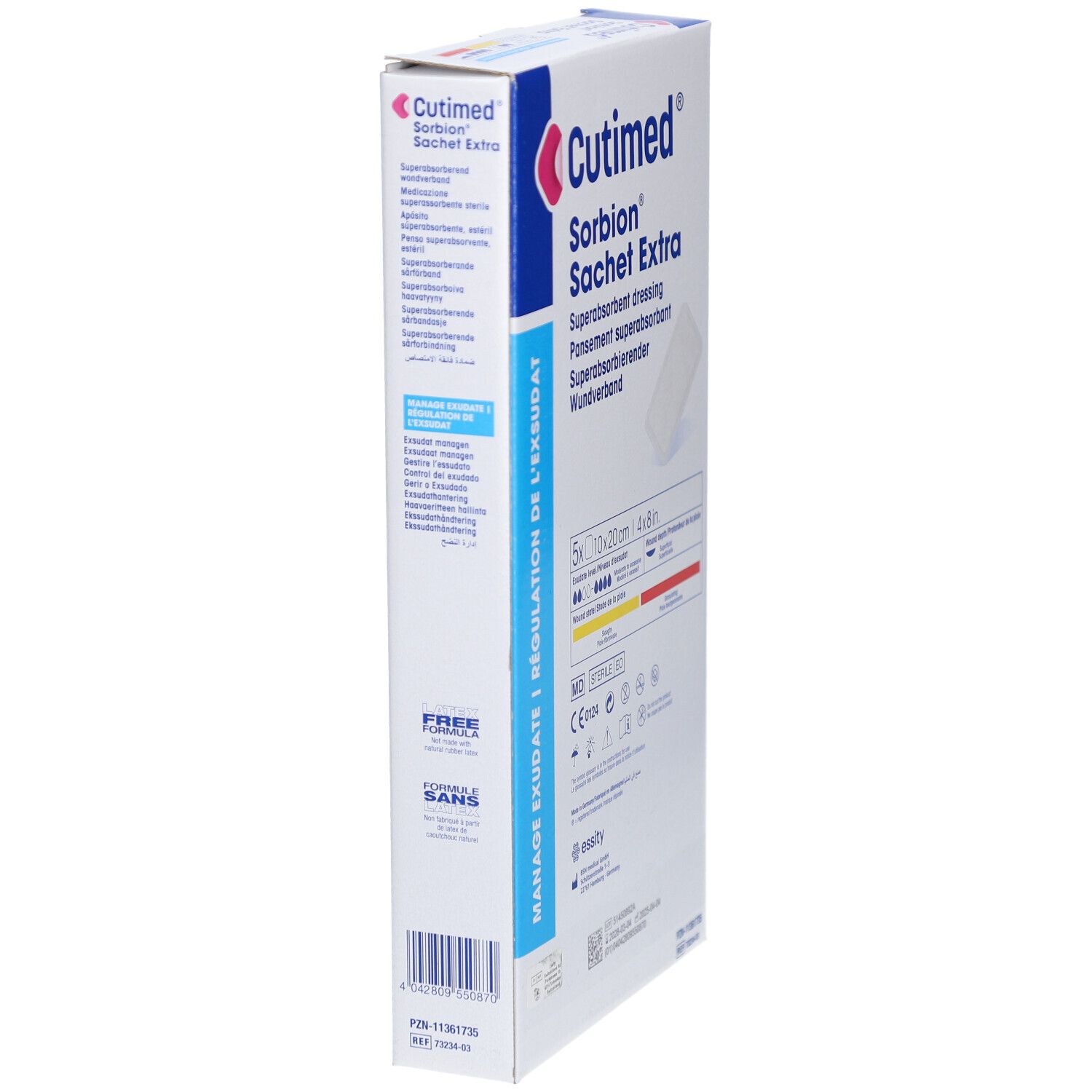 Seitenansicht der Cutimed Sorbion Sachet Extra Verpackung. Text: Manage Exsudate, Free Formula, sterile EO.