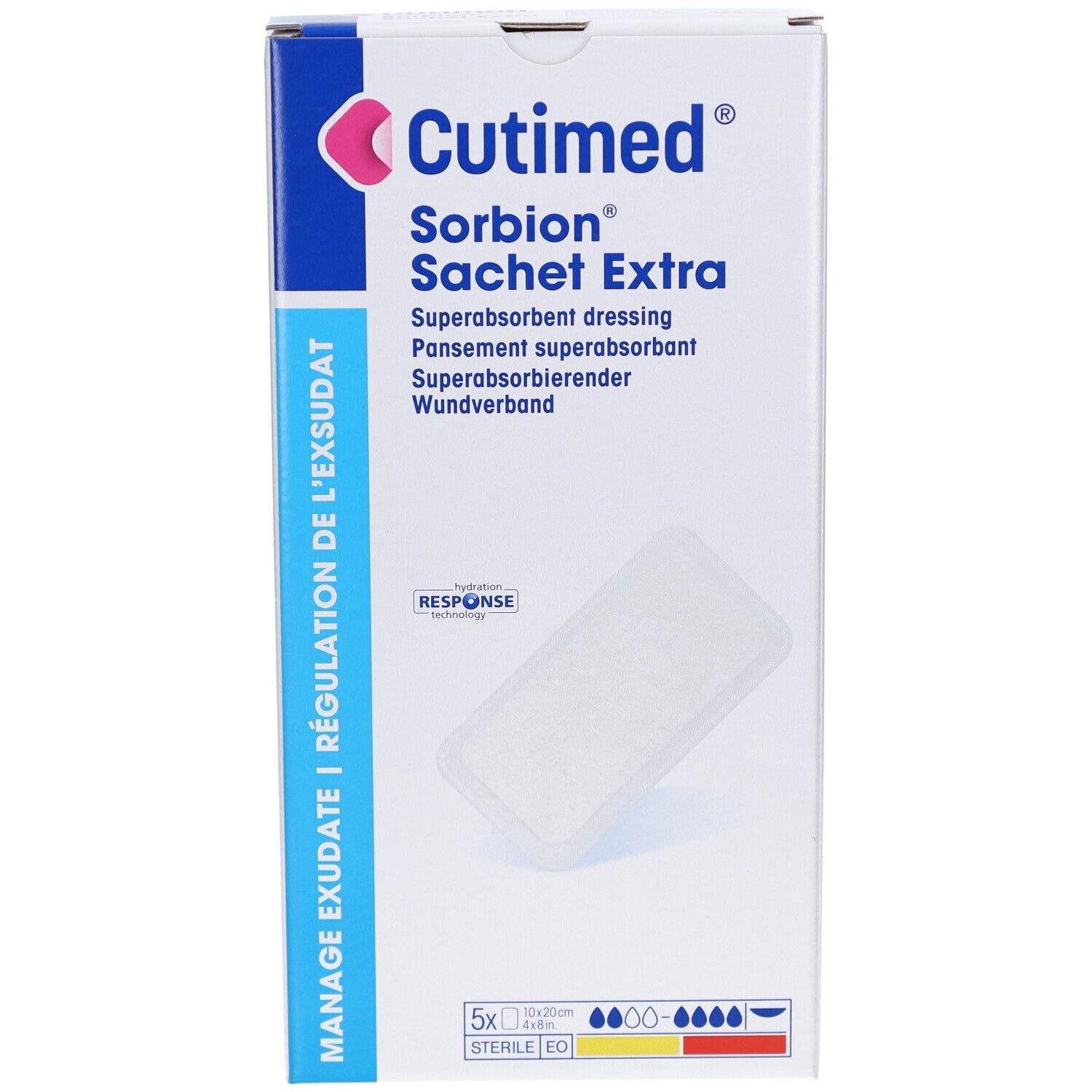 Cutimed Sorbion Sachet Extra Verpackung. Enthält 5 sterile Wundverbände. Aufdruck: Manage Exsudate, Response Technologie.