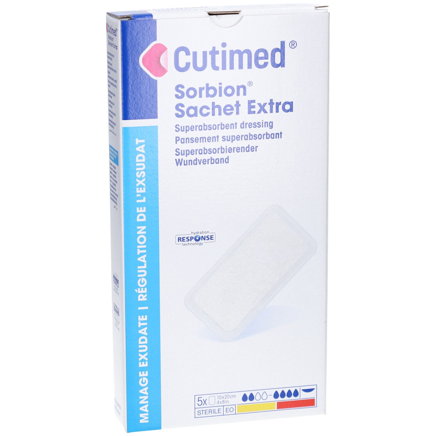 Cutimed Sorbion Sachet Extra Verpackung. Enthält 5 sterile Wundverbände. Aufdruck: Manage Exsudate, Response Technologie.
