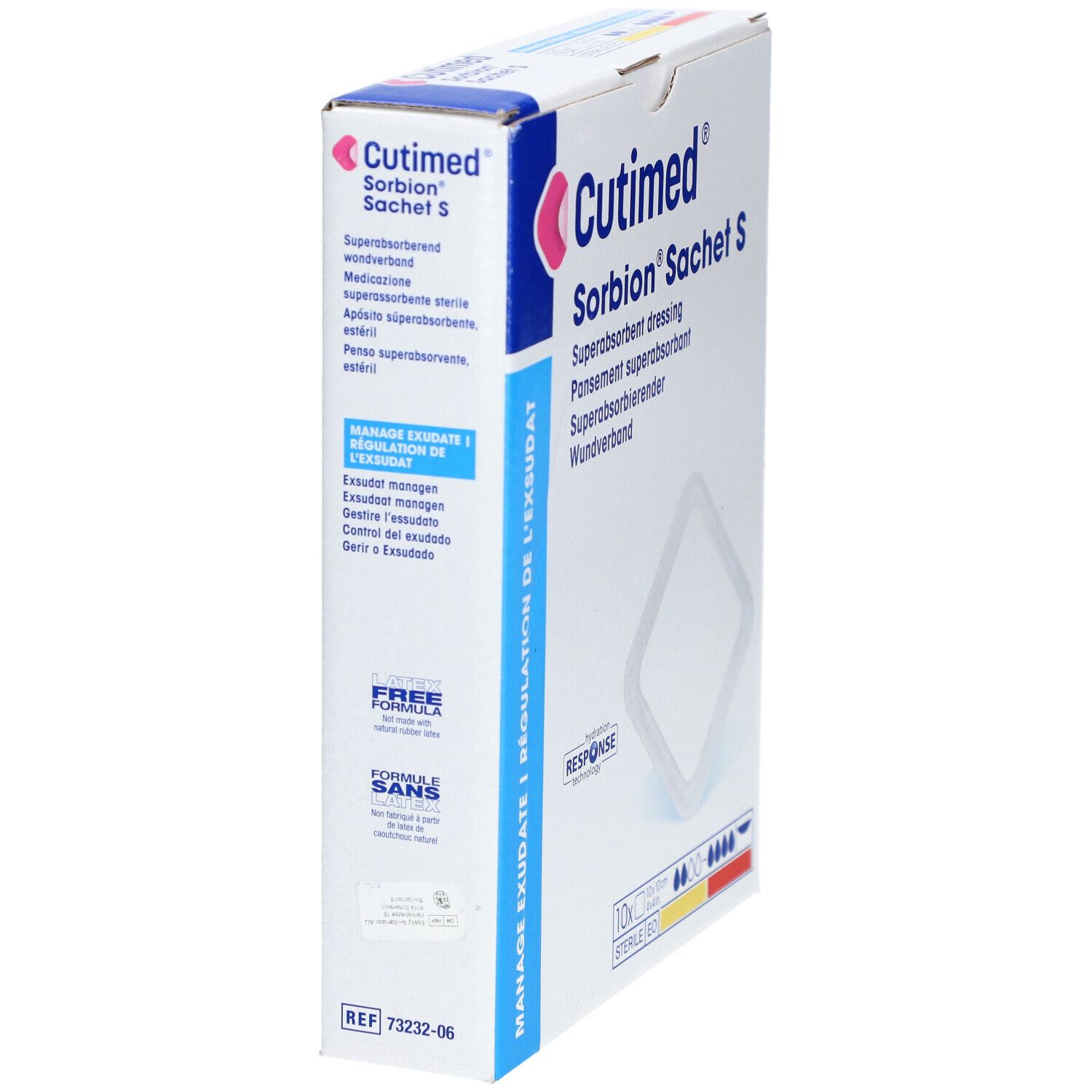 Boîte de Cutimed Sorbion Sachet S, en biais. Pansement super absorbant. Inscriptions multilingues. Stérile. Technologie Hydration Response.