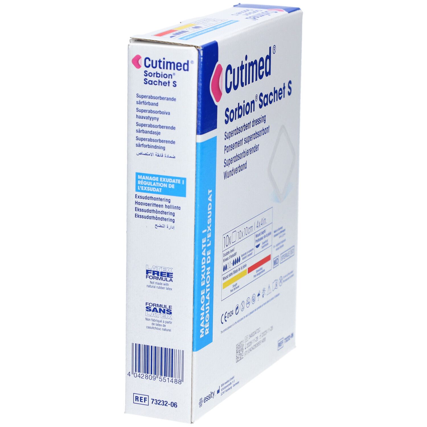 Boîte de Cutimed Sorbion Sachet S, en biais. Pansement super absorbant. Inscriptions multilingues. Stérile. Technologie Hydration Response.