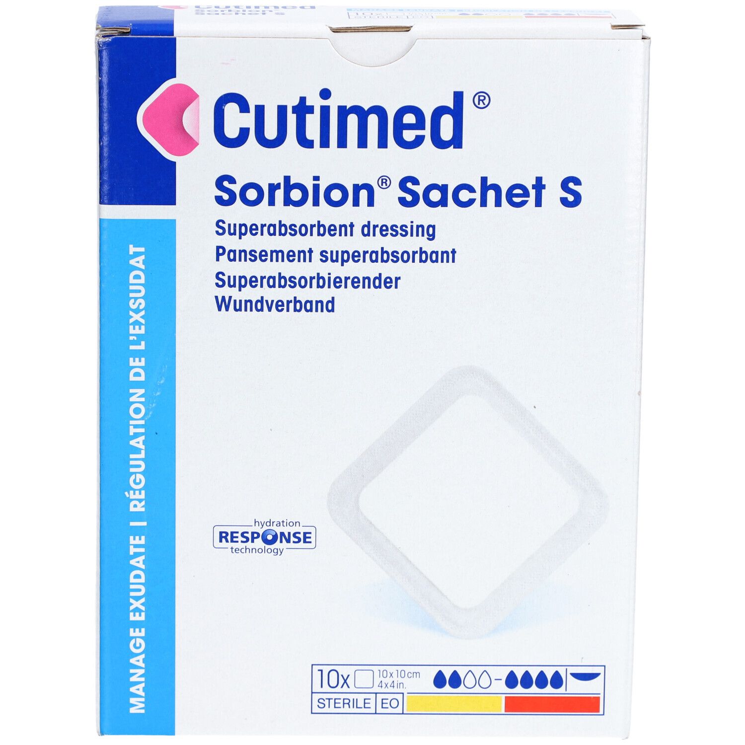Boîte de Cutimed Sorbion Sachet S. Pansement super absorbant. 10 unités, 10x10cm. Stérile. Technologie Hydration Response.