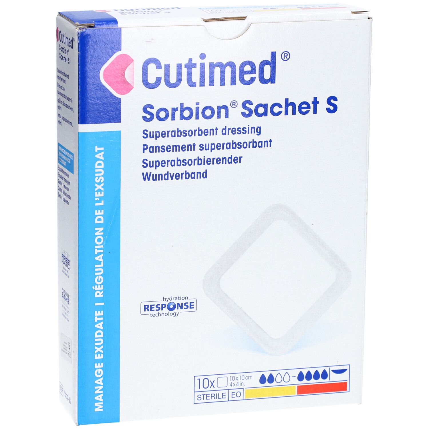 Boîte de Cutimed Sorbion Sachet S. Pansement super absorbant. 10 unités, 10x10cm. Stérile. Technologie Hydration Response.
