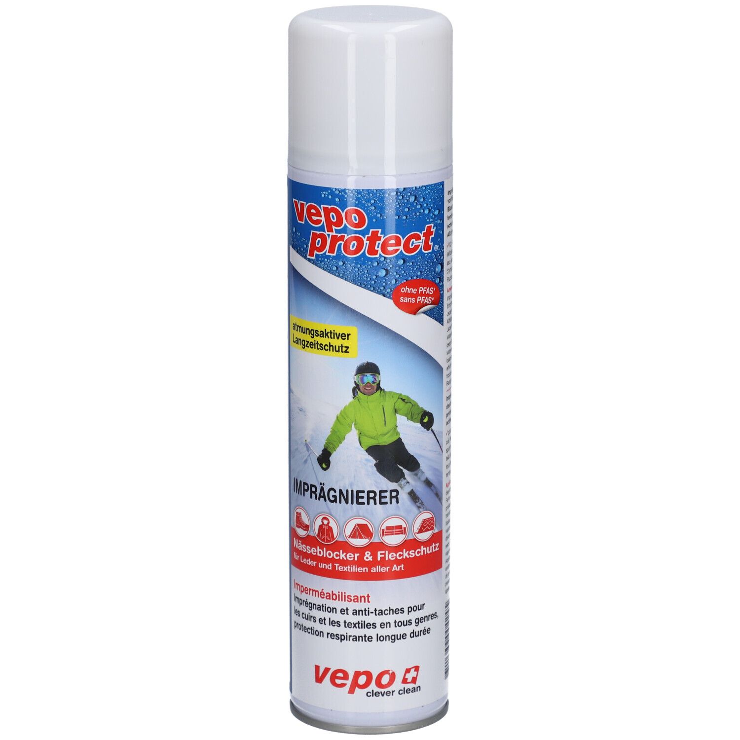 Aerosolspraydose mit weißem Deckel. Aufschrift: vepo protect. Abbildung eines Skifahrers. Text: Imprägnierer, Nässeblocker & Fleckschutz.