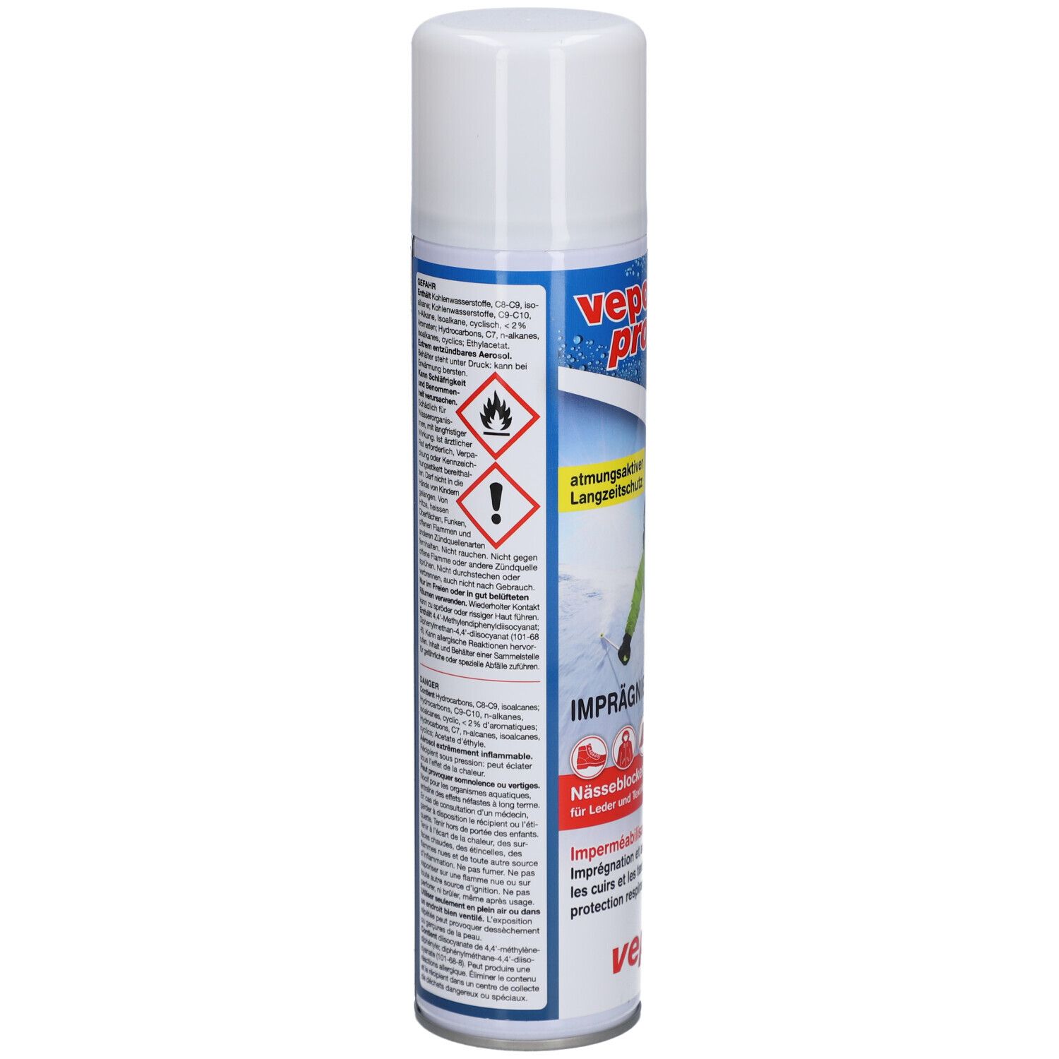 Aerosolspraydose mit weißem Deckel. Rückseite mit Text und Warnhinweisen. Aufschrift: vepo protect. Gefahrensymbole.