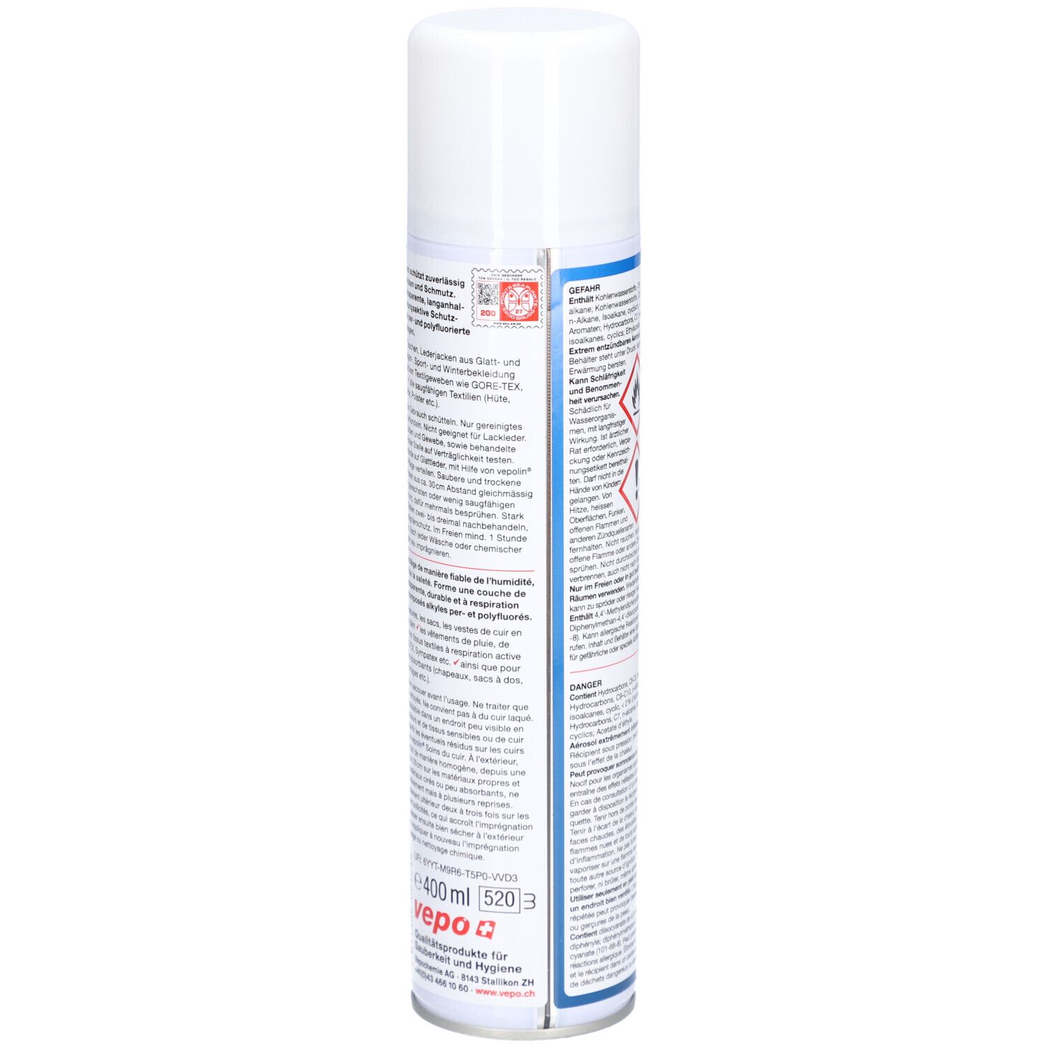 Aerosolspraydose mit weißem Deckel. Rückseite mit Text und Warnhinweisen. Aufschrift: vepo protect. Volumenangabe: 400 ml.
