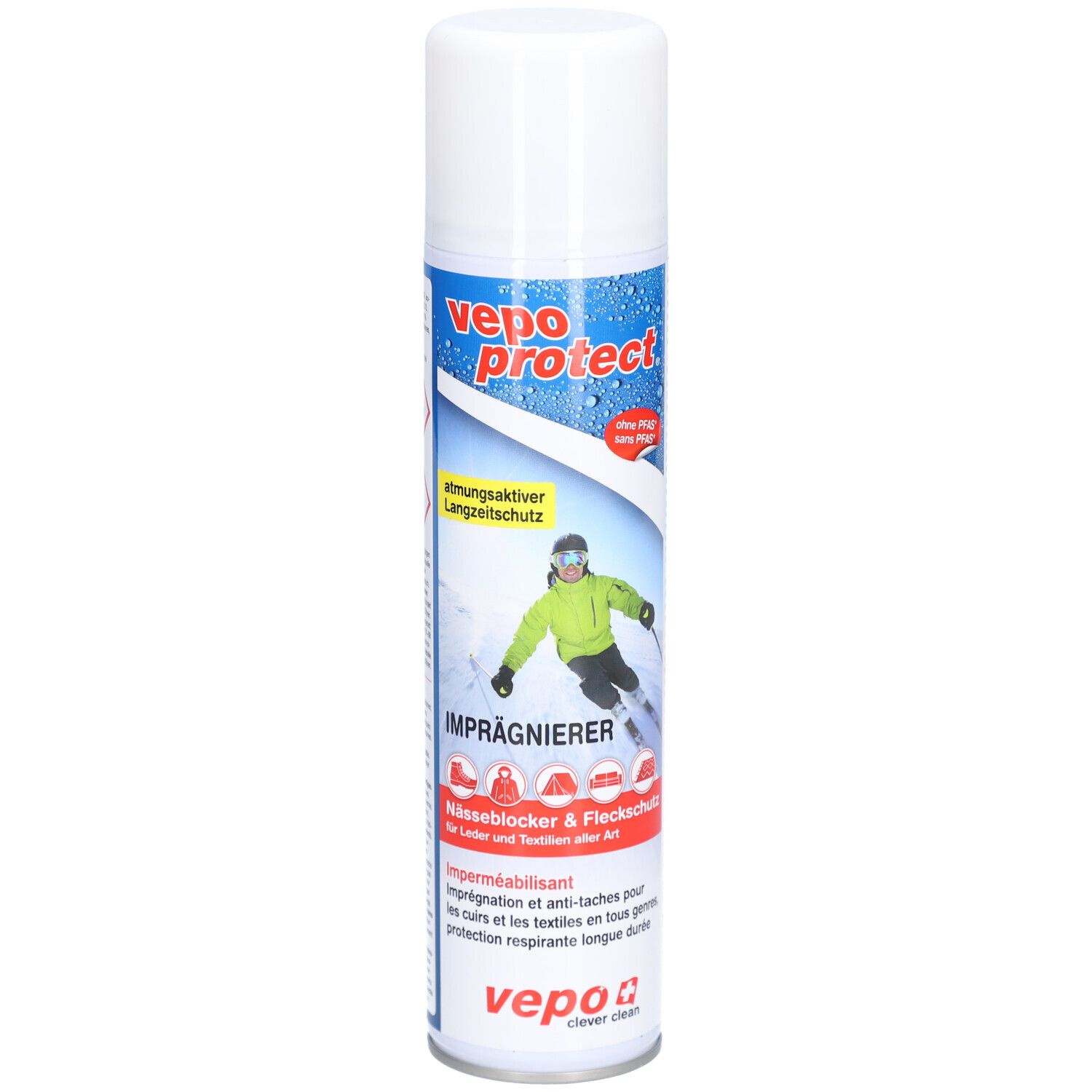 Aerosolspraydose mit weißem Deckel. Aufschrift: vepo protect. Abbildung eines Skifahrers. Text: Imprägnierer, Nässeblocker & Fleckschutz.