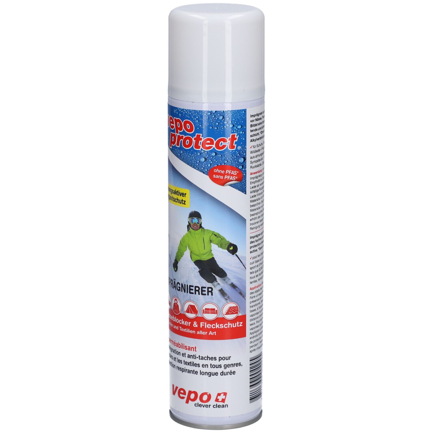 Aerosolspraydose mit weißem Deckel. Aufschrift: vepo protect. Abbildung eines Skifahrers. Text: Imprägnierer, Nässeblocker & Fleckschutz.