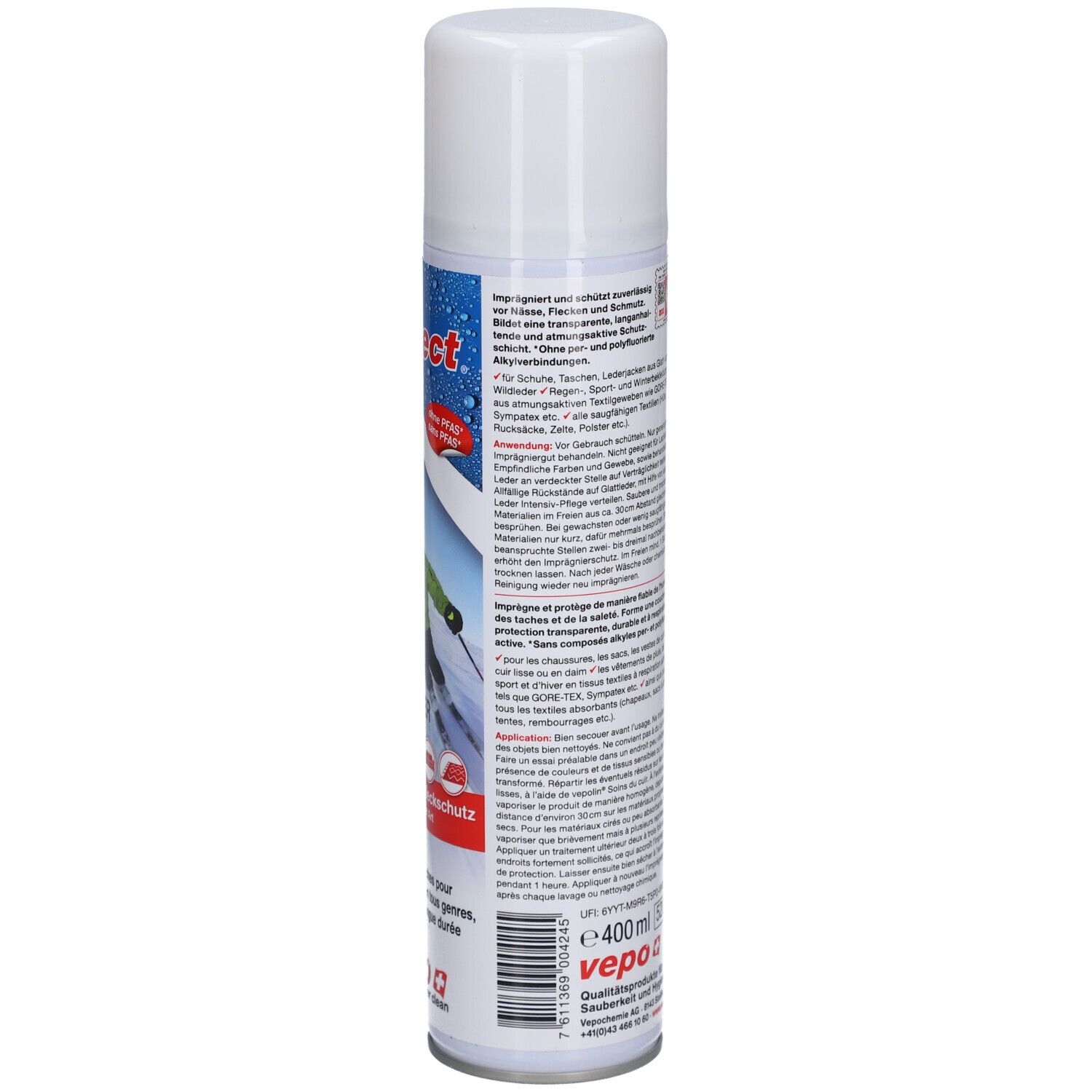 Aerosolspraydose mit weißem Deckel. Rückseite mit Text und Warnhinweisen. Aufschrift: vepo protect. Volumenangabe: 400 ml.
