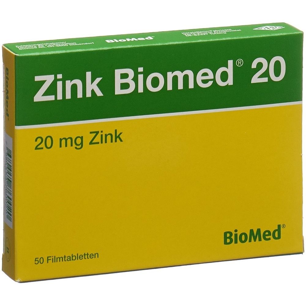 Kartonverpackung mit der Aufschrift Zink Biomed 20. Grün-gelbe Farbgebung. Aufschrift 20 mg/20 Stk. Marke: Biomed.