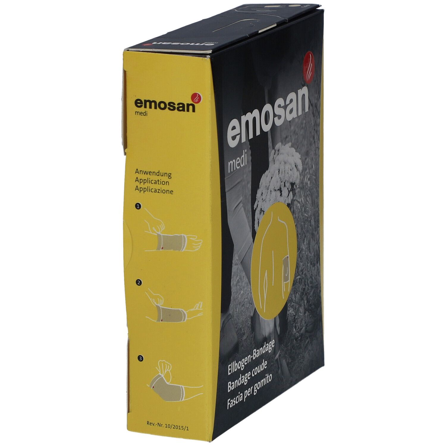 Seitenansicht der Verpackung der medi Ellbogen-Bandage. Aufschrift: emosan medi. Illustrationen zur Anwendung. Mehrsprachige Produktbezeichnung.