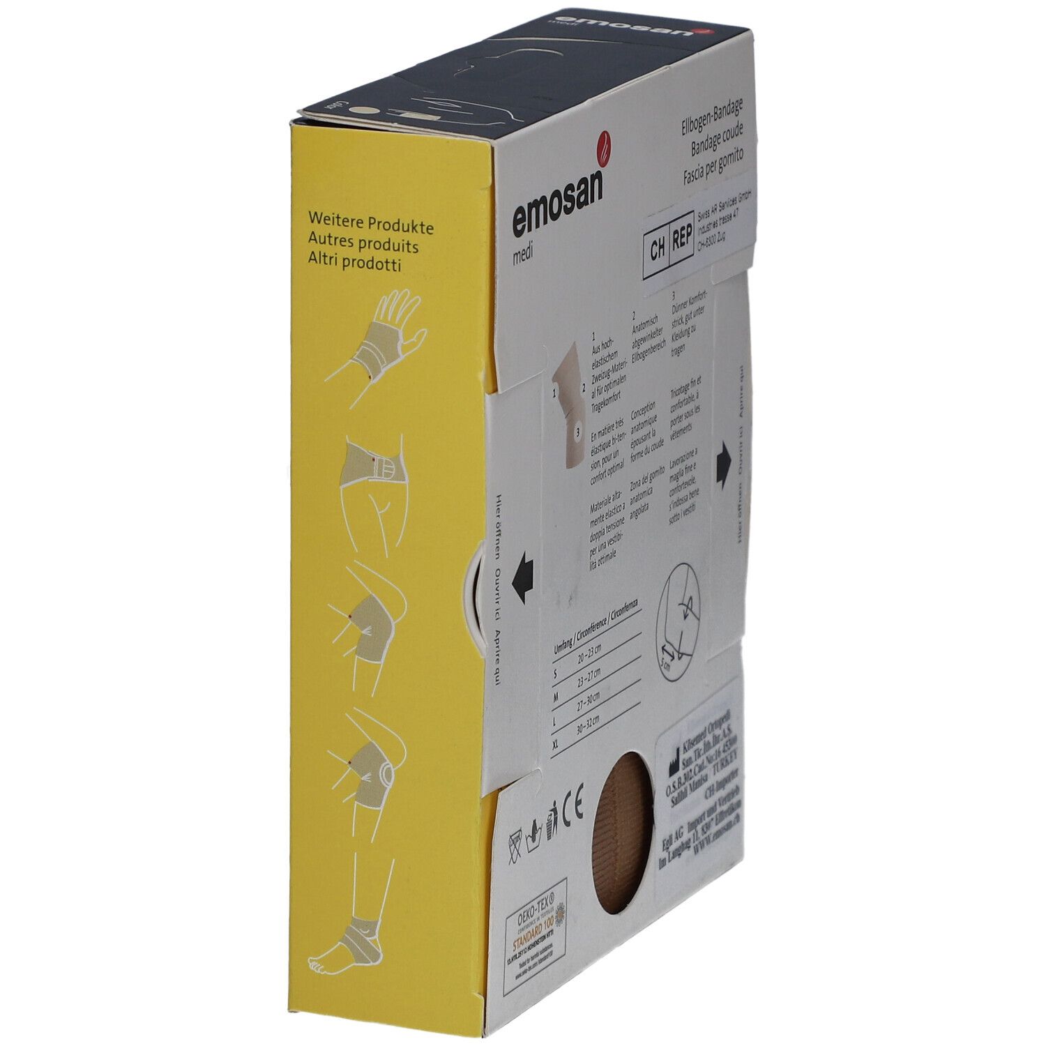 Seitenansicht der Verpackung der medi Ellbogen-Bandage. Größenangaben. Illustrationen. Mehrsprachige Produktbezeichnung. Oeko-Tex.