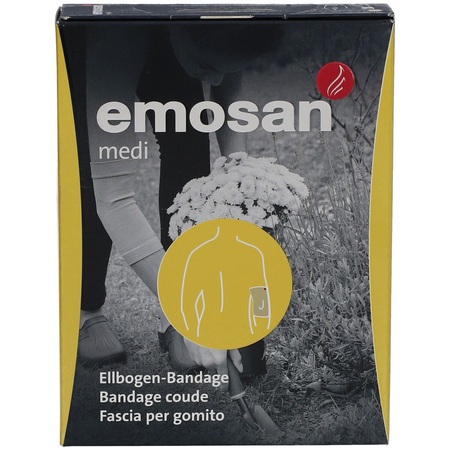 Verpackung der medi Ellbogen-Bandage. Aufschrift: emosan medi. Illustration eines Ellbogens. Mehrsprachige Produktbezeichnung.
