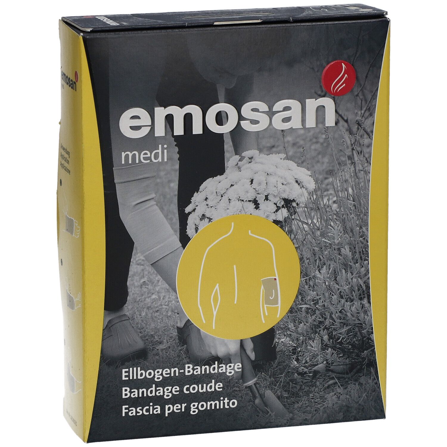 Verpackung der medi Ellbogen-Bandage. Aufschrift: emosan medi. Illustration eines Ellbogens. Mehrsprachige Produktbezeichnung.