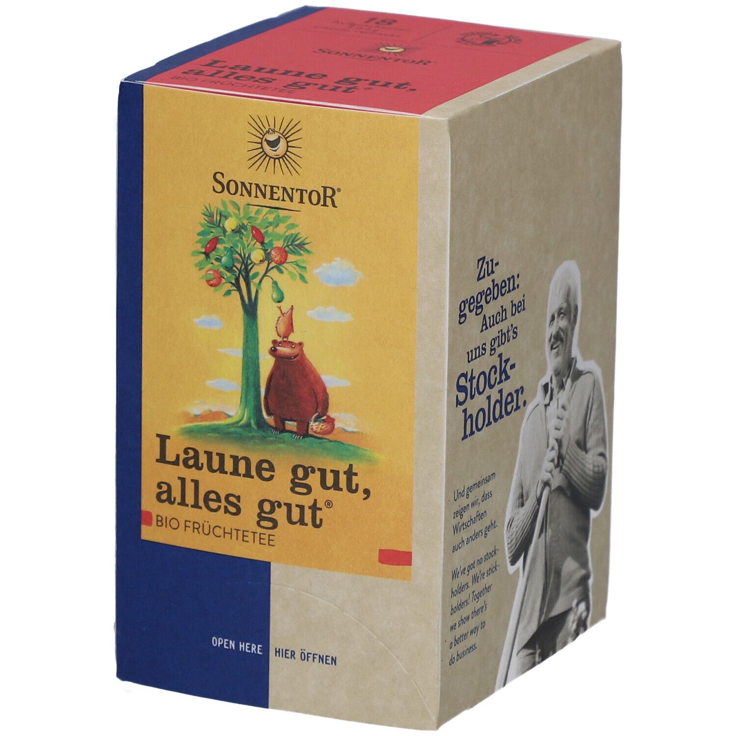 Boîte de thé SONNENTOR®. Illustration : arbre, ours, "Laune gut, alles gut". Zones bleues et jaunes.