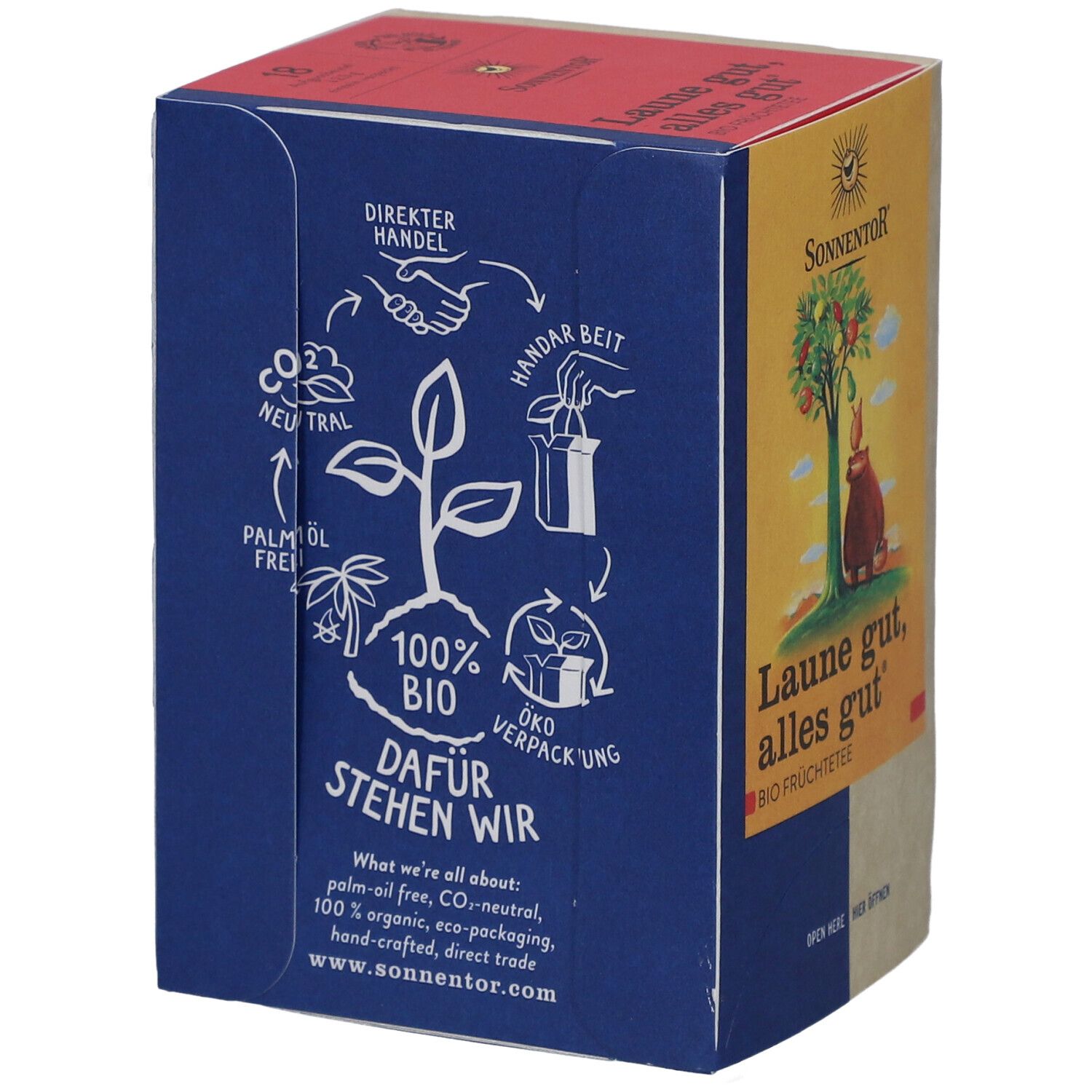 Boîte de thé SONNENTOR®. Dos avec logos : neutre en CO2, bio, emballage écologique, fait à la main.