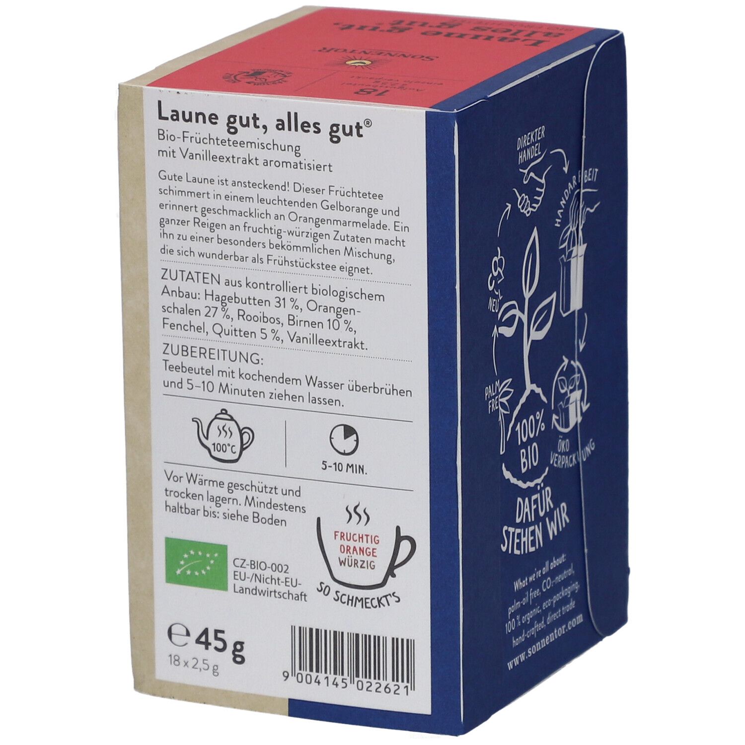 Boîte de thé SONNENTOR®. Impression : ingrédients, préparation, label bio, 45g, 18x2,5g. Texte au dos.