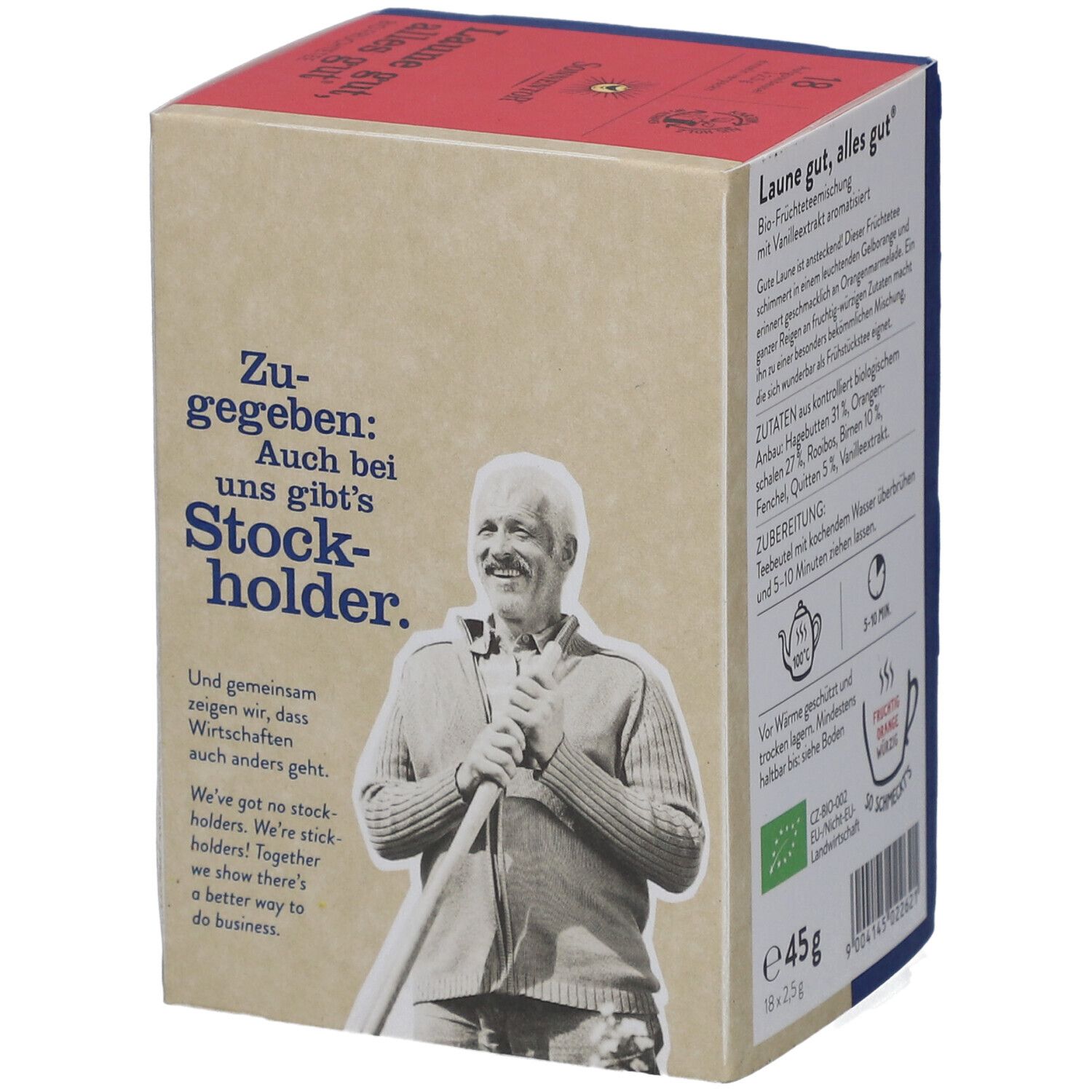 Boîte de thé SONNENTOR®. Côté avec texte et image d'un homme. Dos avec texte.