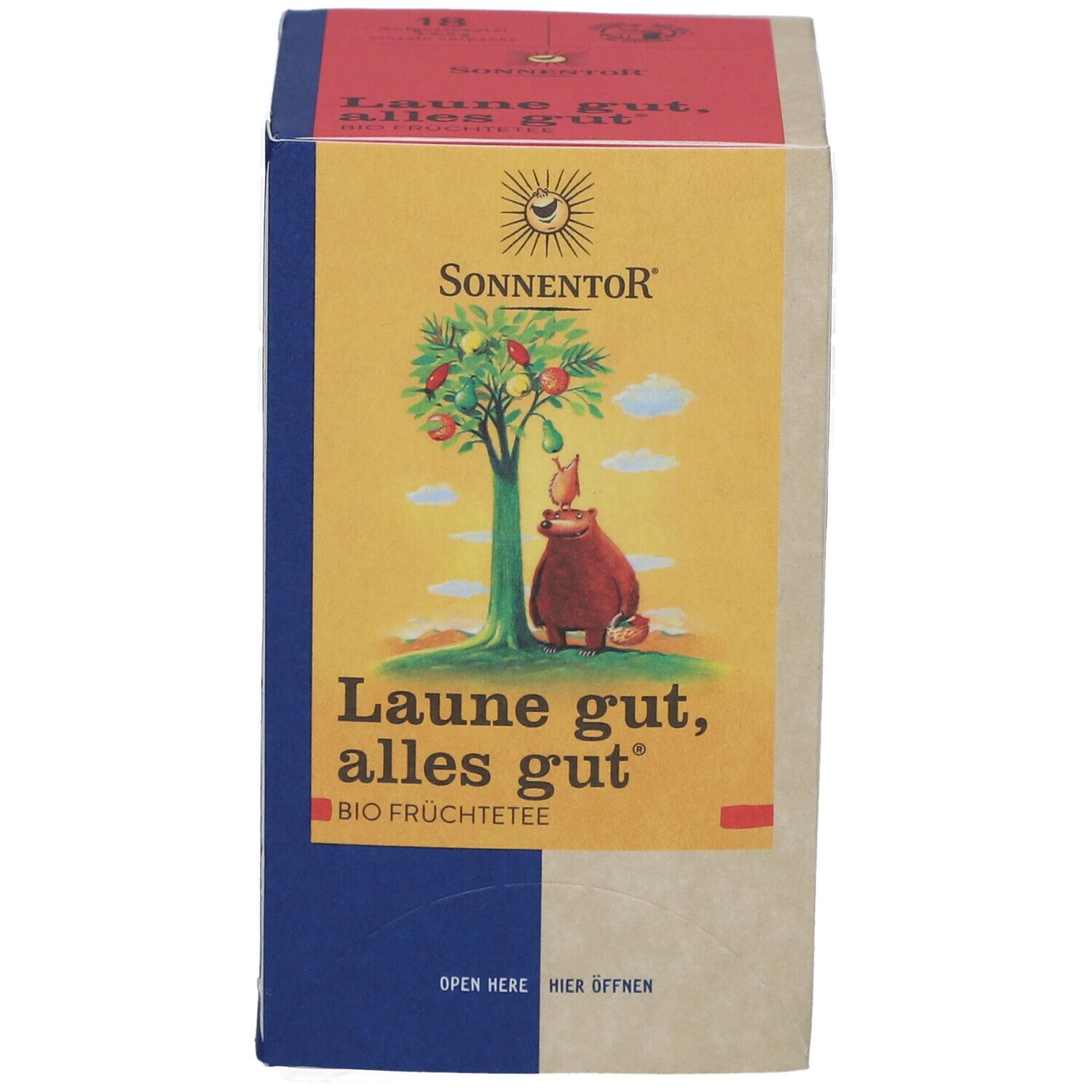 Boîte de thé SONNENTOR®. Face avant : arbre, ours, "Laune gut, alles gut". Zones jaunes et rouges.