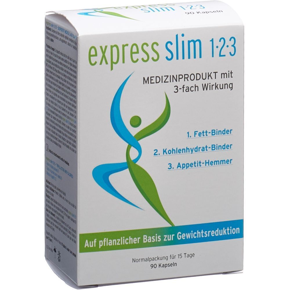 Boîte blanche avec logo "express slim 1·2·3". Texte : Produit médical avec triple action. À base de plantes pour la perte de poids.