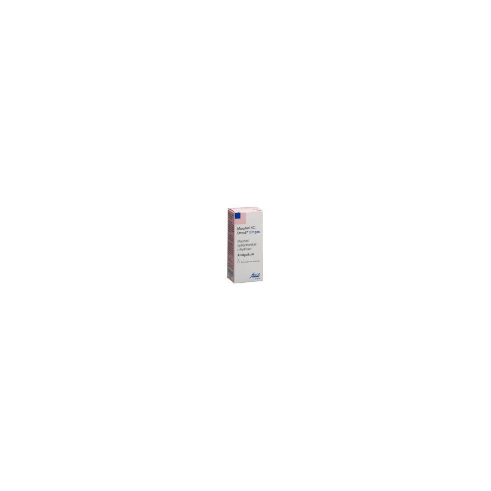 Kartonverpackung mit Produktinformationen. Text: MORPHINI HCL Streuli Tropfen. Farbgebung: Weiß, Blau, Rosa. Herstellerlogo unten.