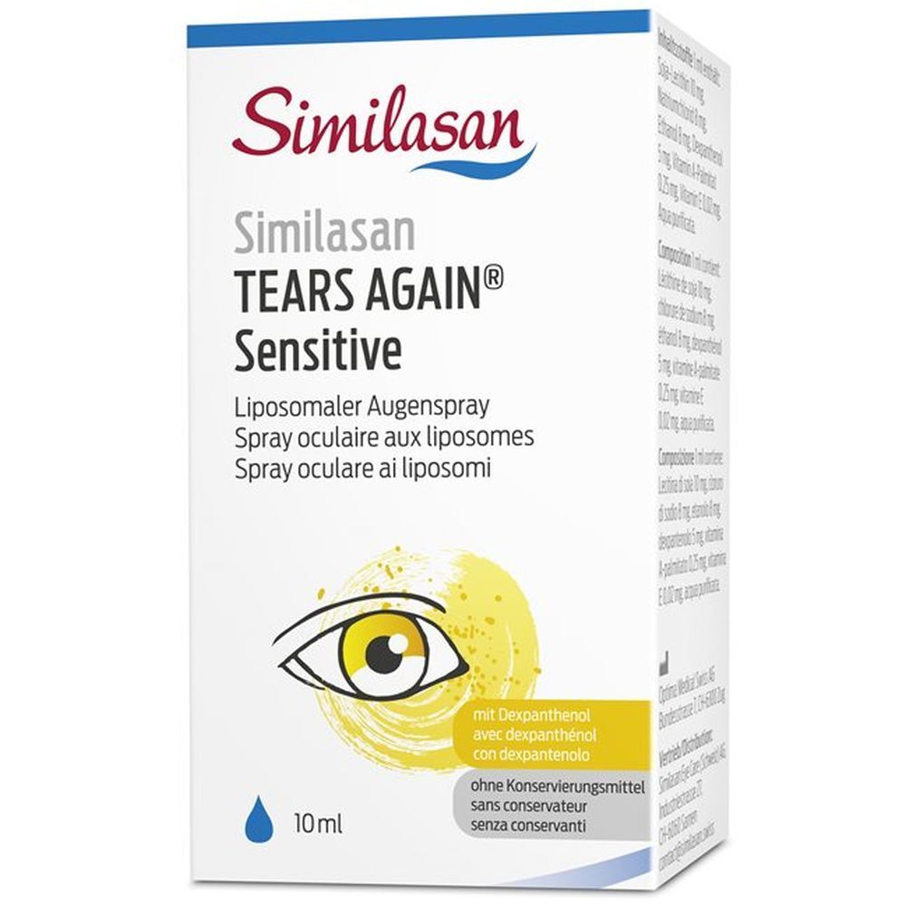 Schachtel mit SIMILASAN Tears Again Sensitive Augenspray. Aufdruck mit Produktnamen, Inhaltsstoffen und einem Auge.