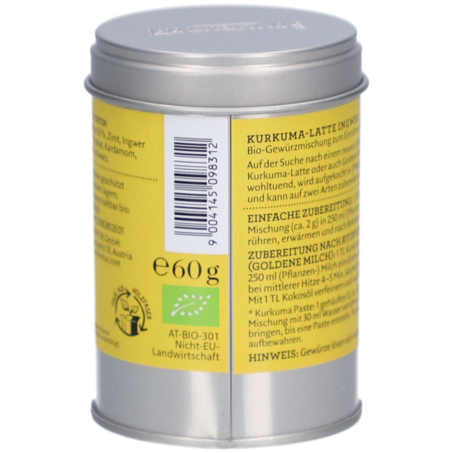 Zylindrische Dose mit gelbem Etikett. Text: Kurkuma-Latte Ingwer, Bio-Gewürzmischung. Mit Barcode und Bio-Siegel. Dose silbern.