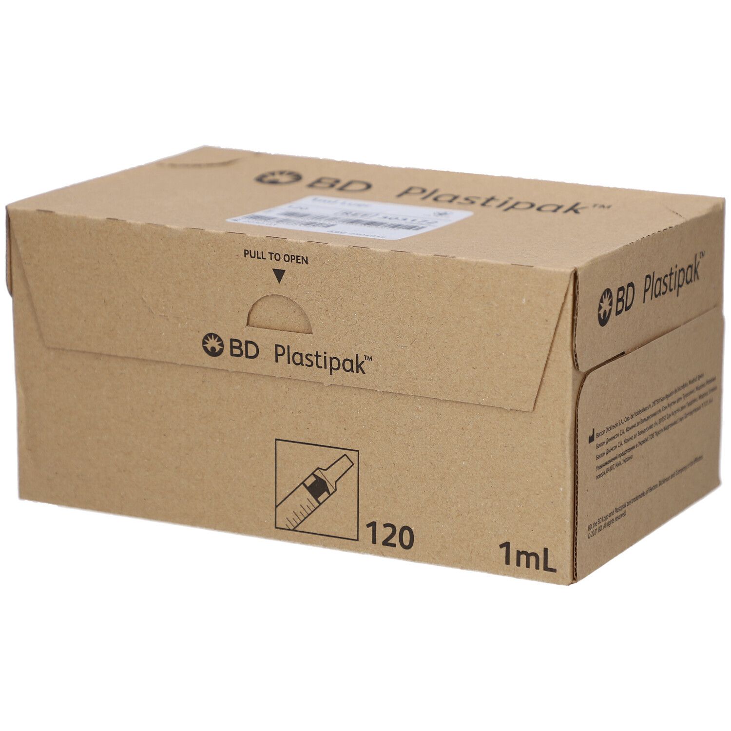 Kartonverpackung mit Aufdruck BD Plastipak, 120 Spritzen, 1 ml. Braune Verpackung mit Logo und Produktabbildung.