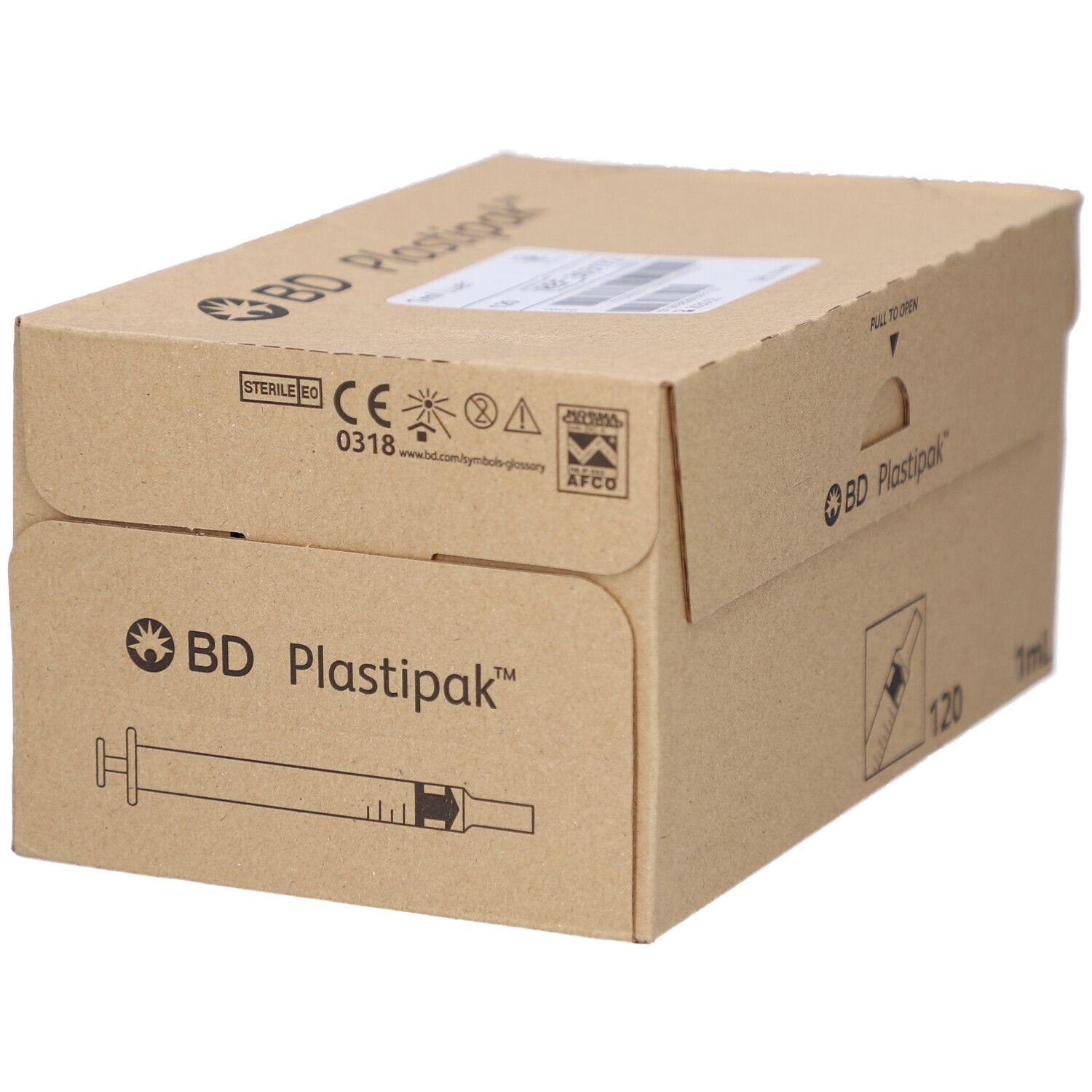 Kartonverpackung BD Plastipak mit Logo, 120 Spritzen, 1 ml. Aufdrucke mit CE-Kennzeichnung und Steril-Symbol.