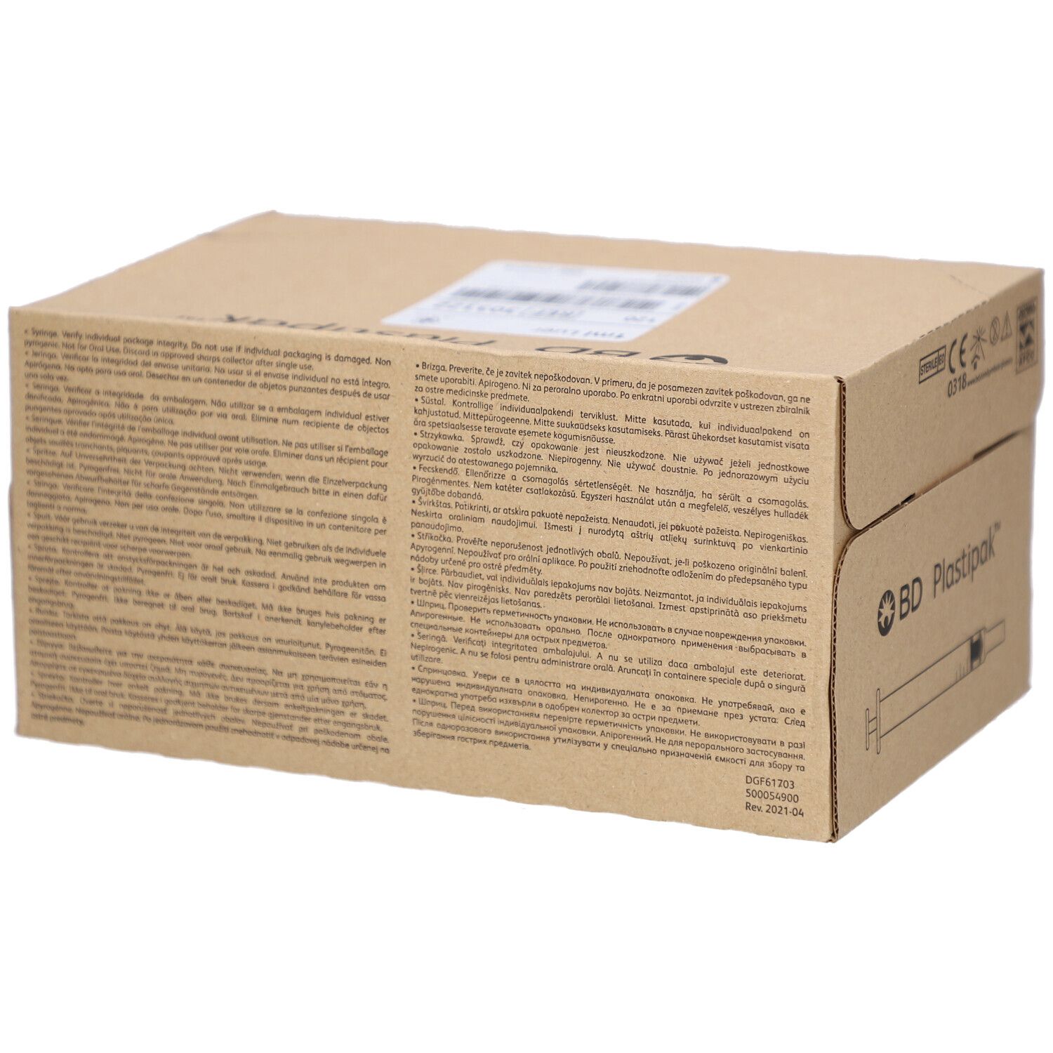 Rückseite der Kartonverpackung BD Plastipak. Text in mehreren Sprachen. Logo und Produktabbildung.