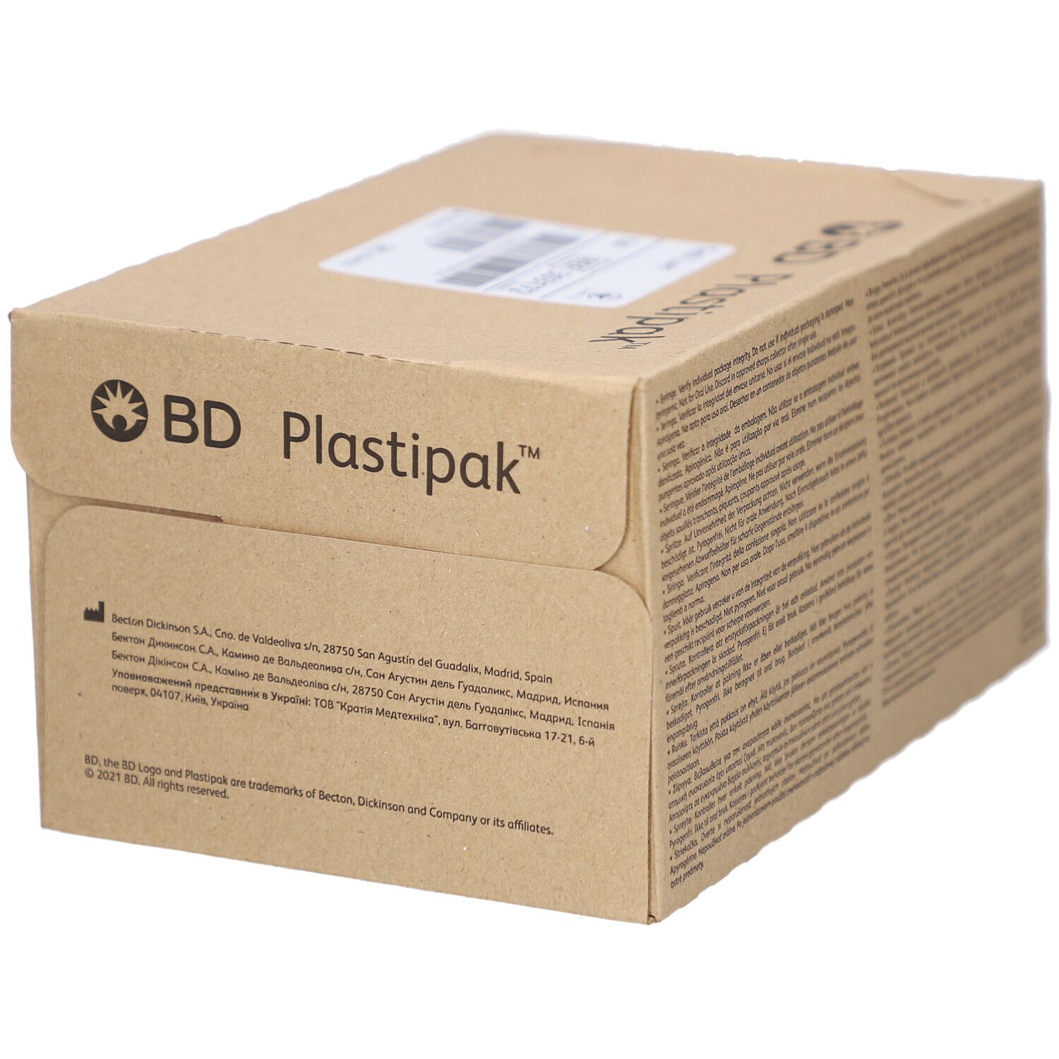Kartonverpackung BD Plastipak mit Logo und Text. Adressinformationen und Produktabbildung.