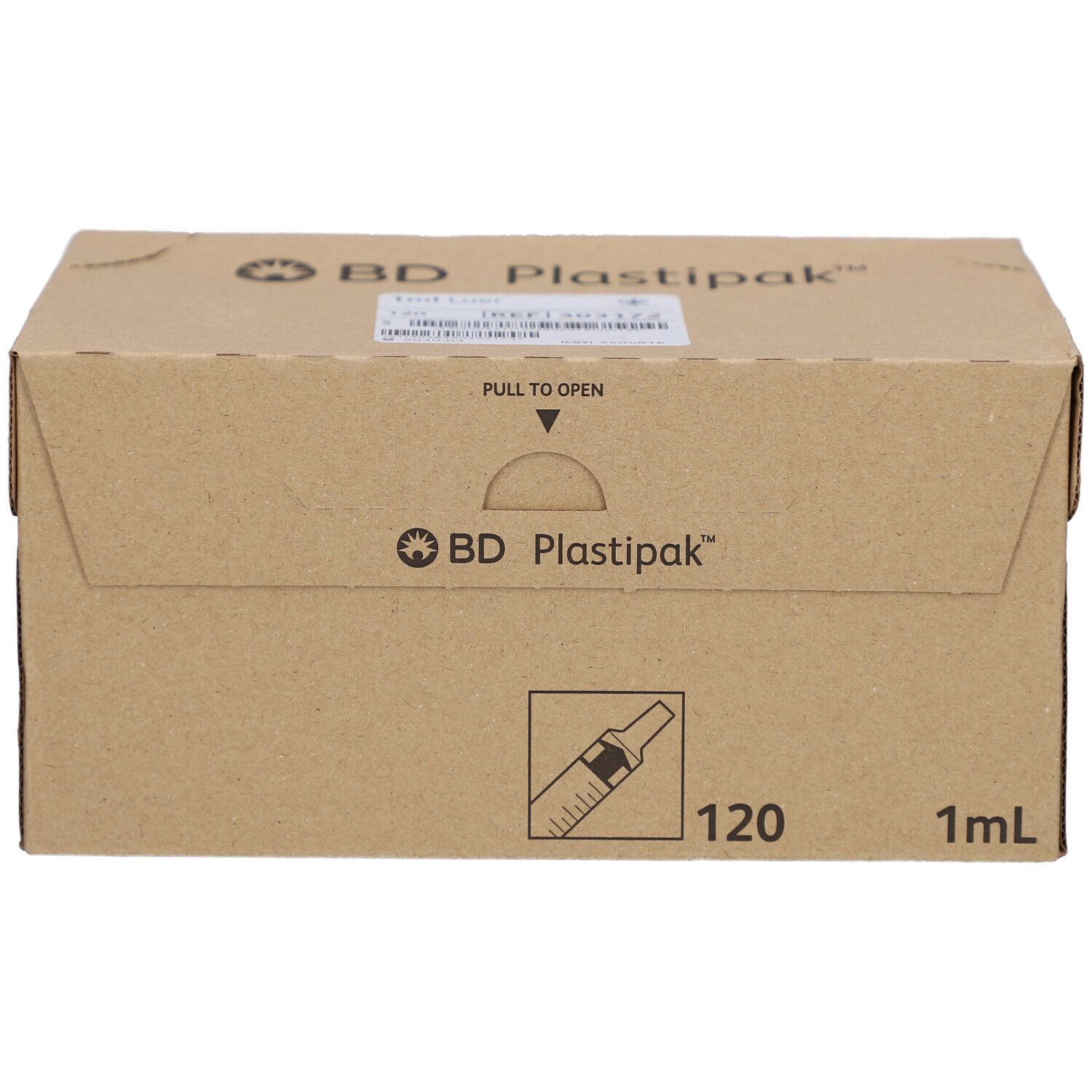 Kartonverpackung BD Plastipak, 120 Spritzen, 1 ml. Braune Verpackung mit Logo und Produktabbildung.