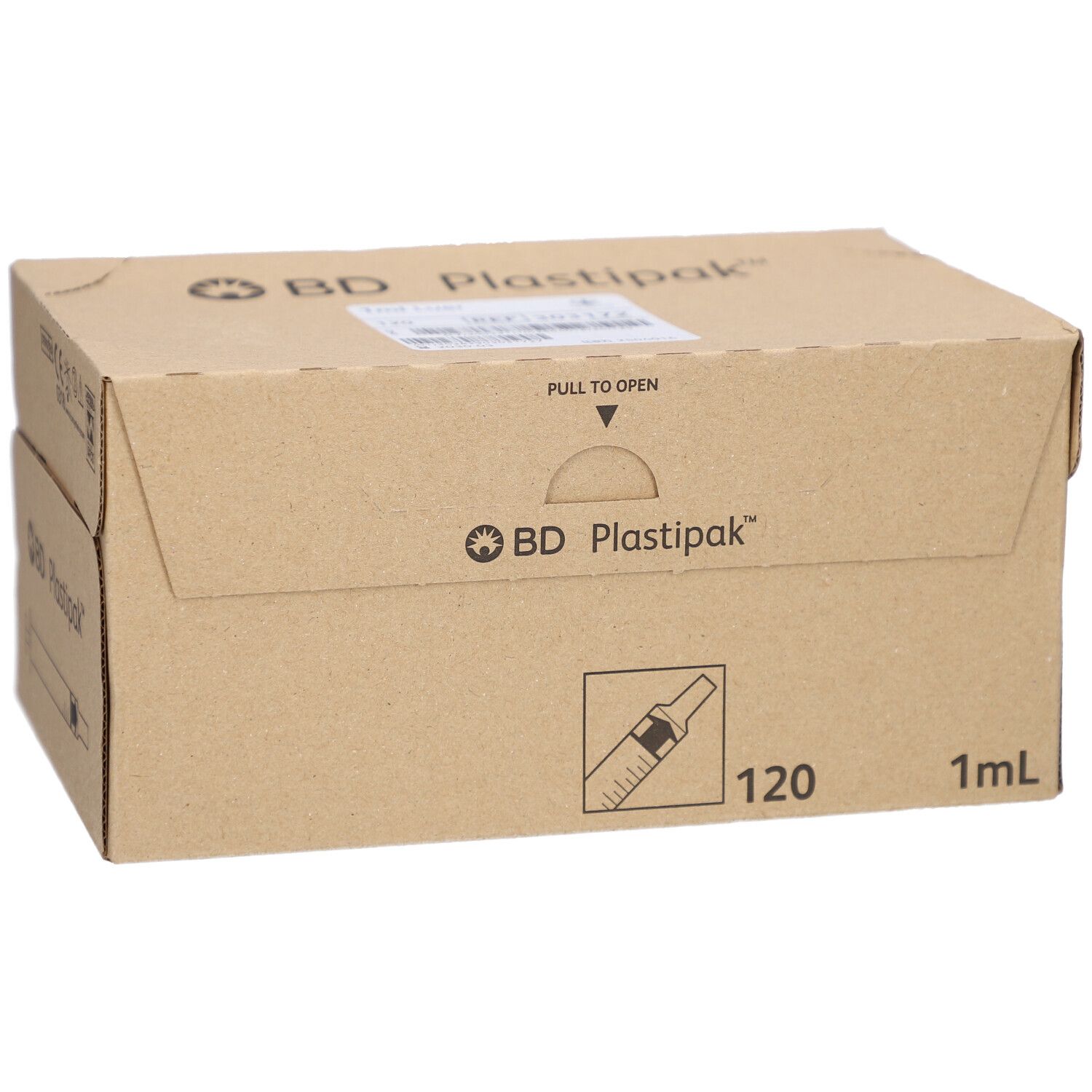 Kartonverpackung BD Plastipak, 120 Spritzen, 1 ml. Braune Verpackung mit Logo und Produktabbildung.